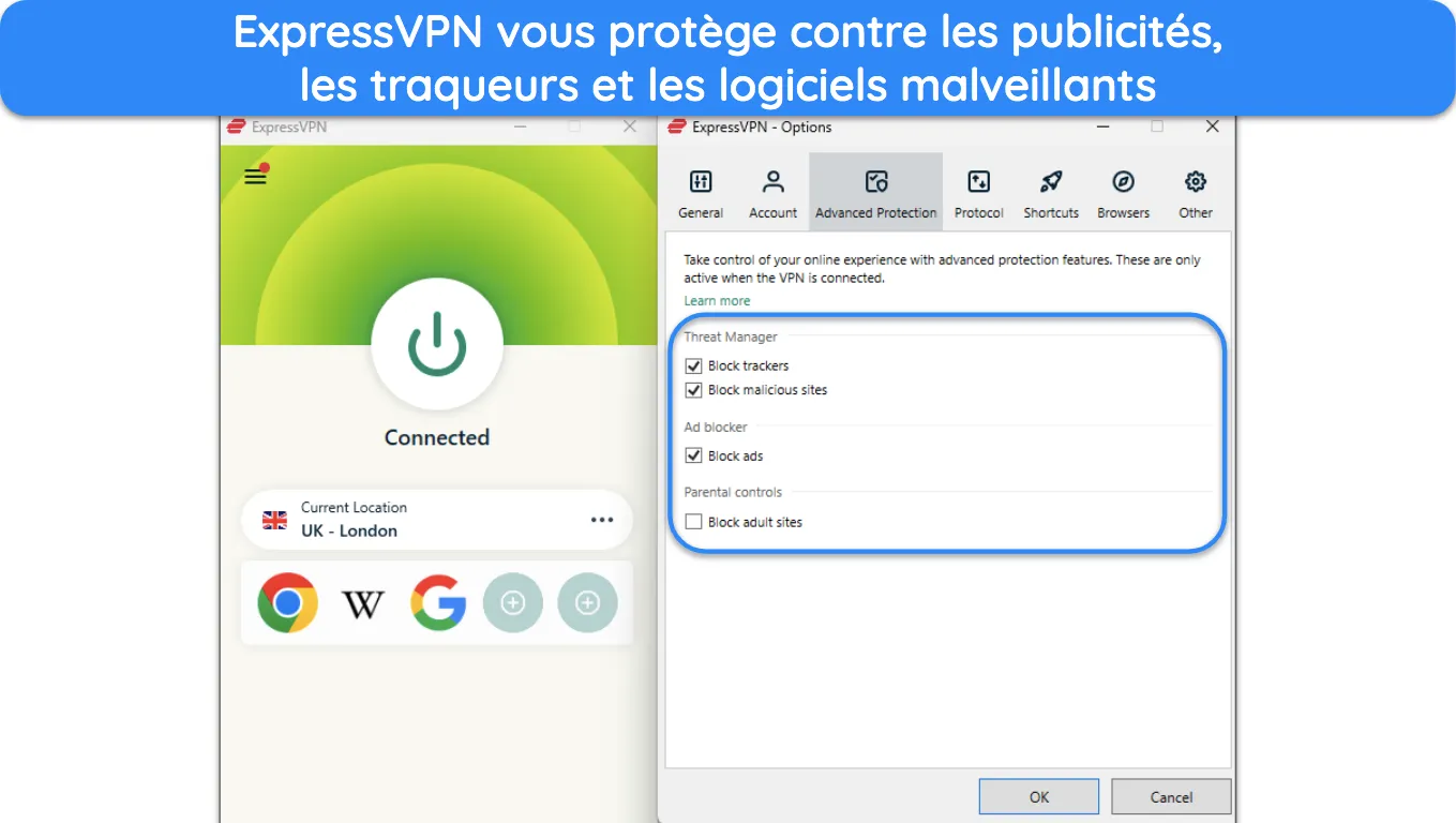 Capture d'écran de l'application Windows d'ExpressVPN, mettant en avant les fonctionnalités de protection avancée.