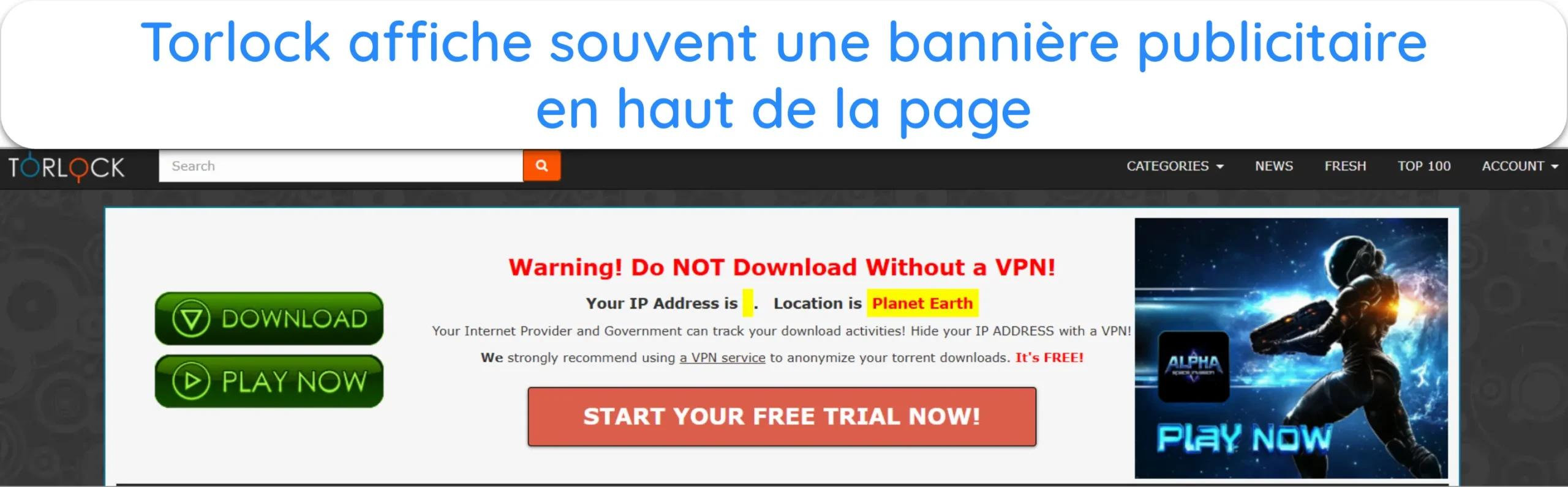 Capture d'écran d'une grande bannière publicitaire sur le site web de Torlock.