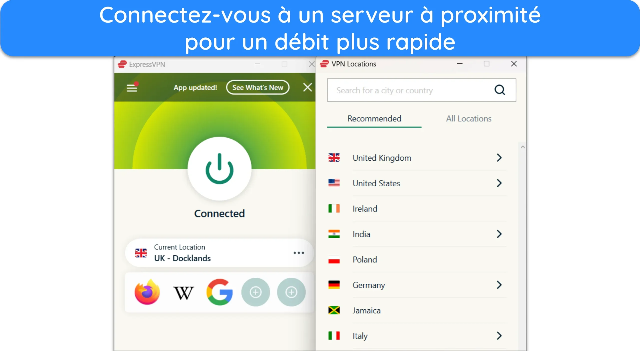 Capture d'écran montrant ExpressVPN connecté à un serveur à proximité.