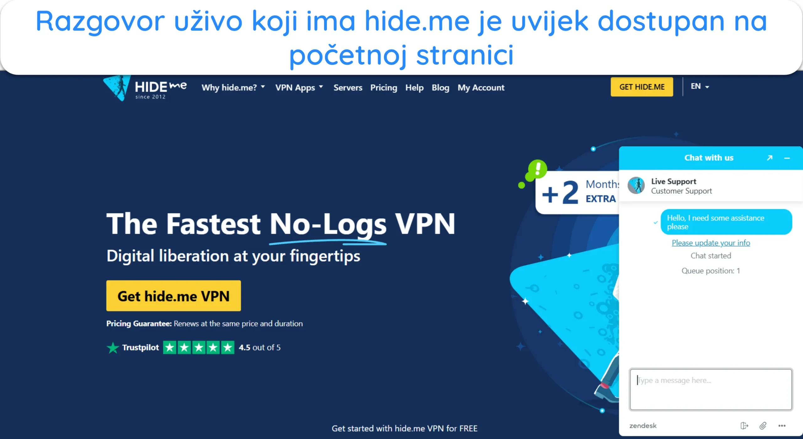 Snimka zaslona koja prikazuje hide.me opciju podrške za chat uživo na početnoj stranici VPN-a.
