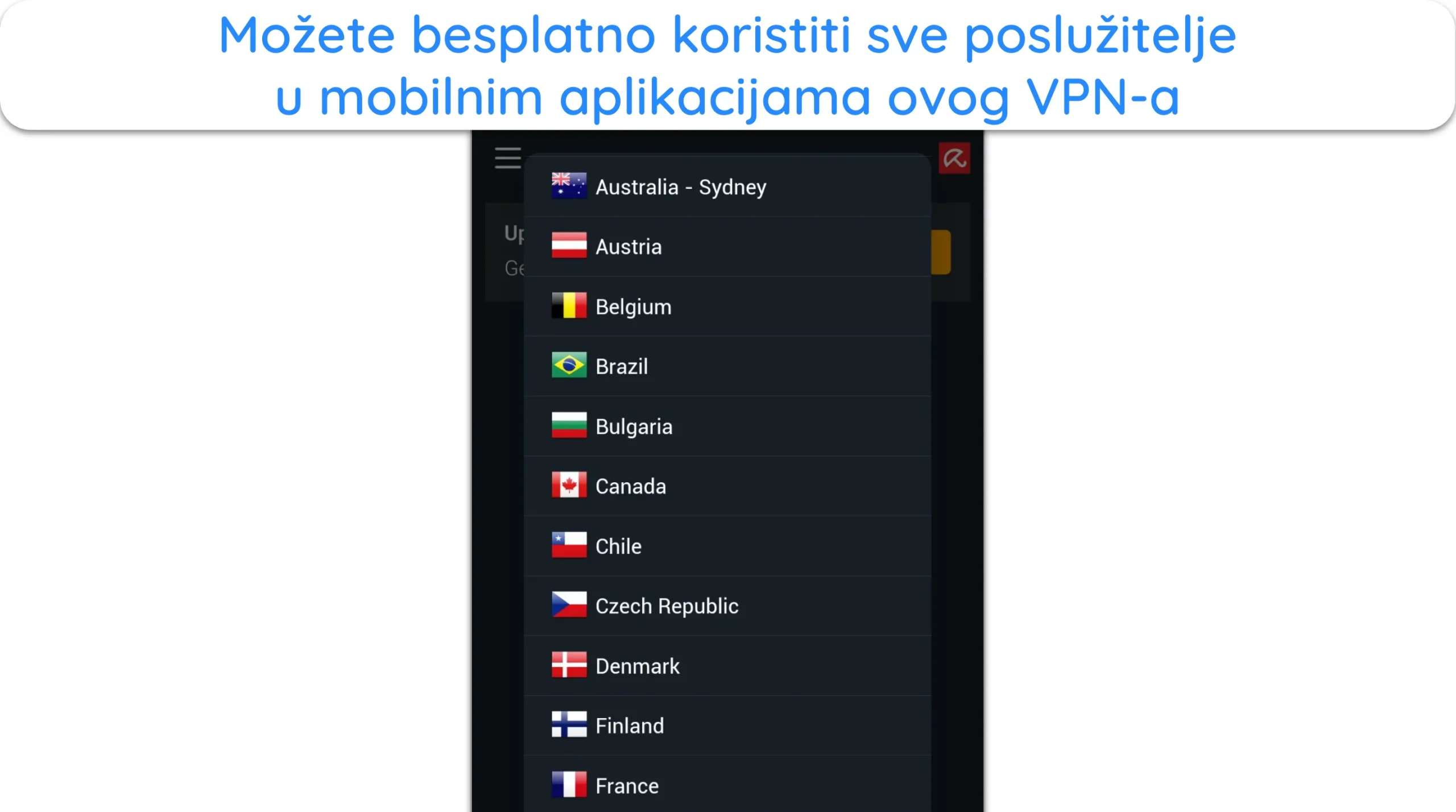 Snimka zaslona koja prikazuje različite lokacije poslužitelja u mobilnoj aplikaciji Avira VPN.