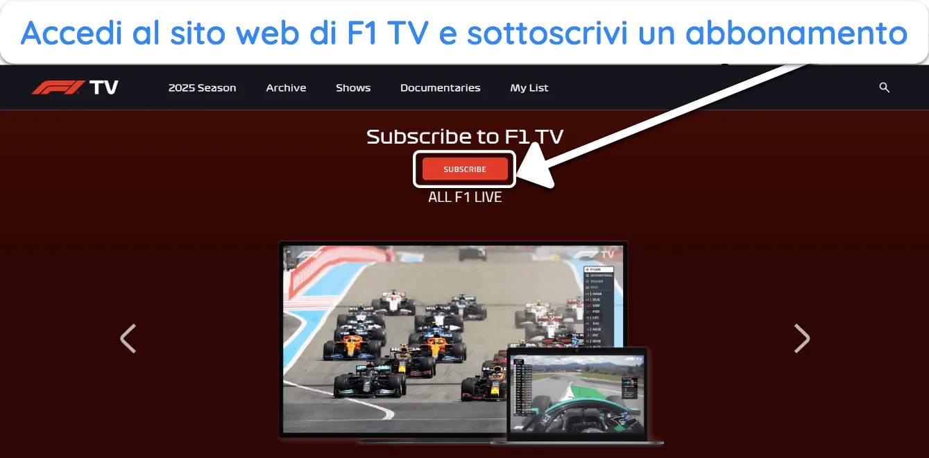 Screenshot che mostra come ottenere un abbonamento a F1 TV.