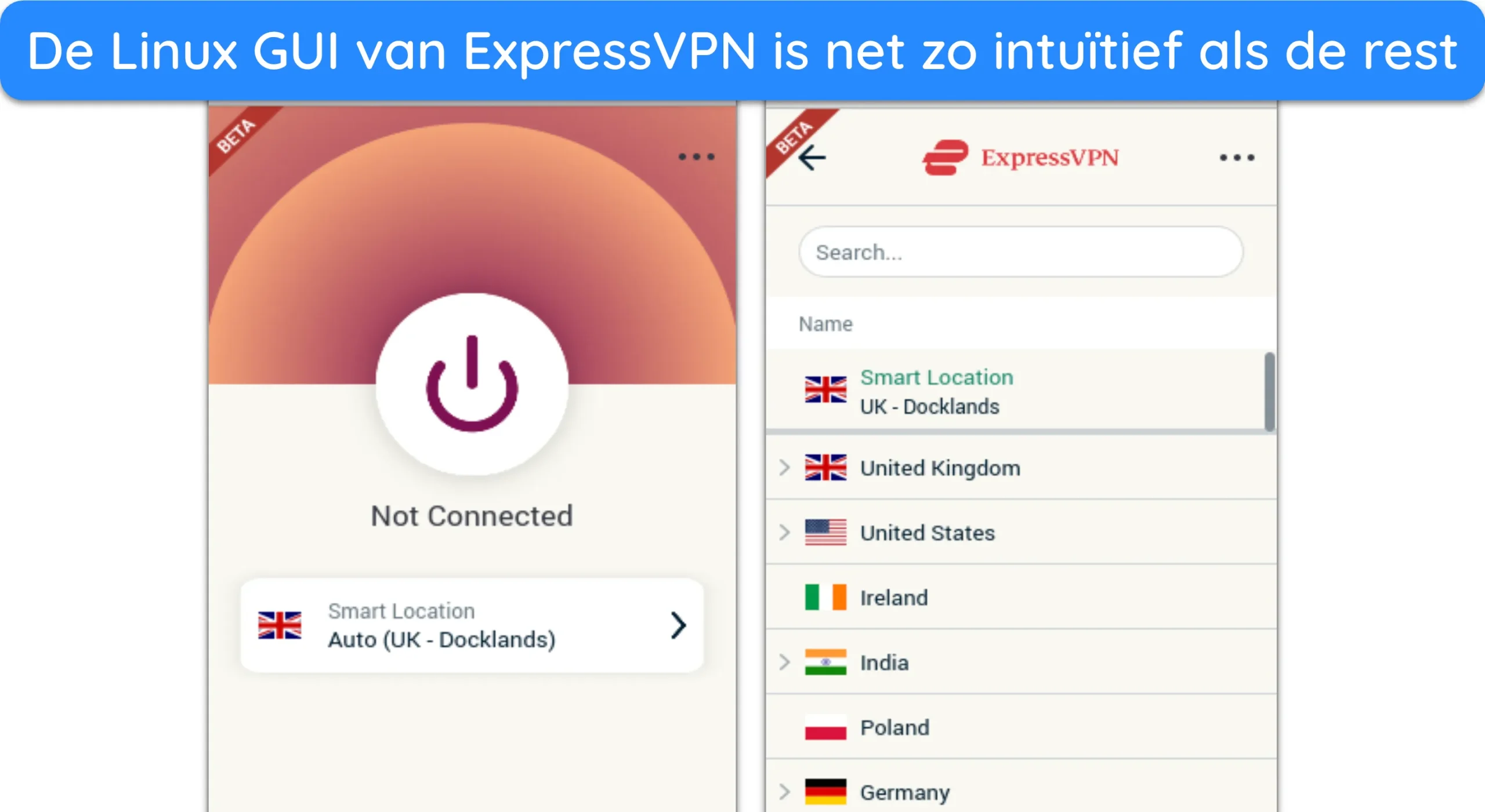 Schermafbeelding van de grafische gebruikersinterface van ExpressVPN op Linux