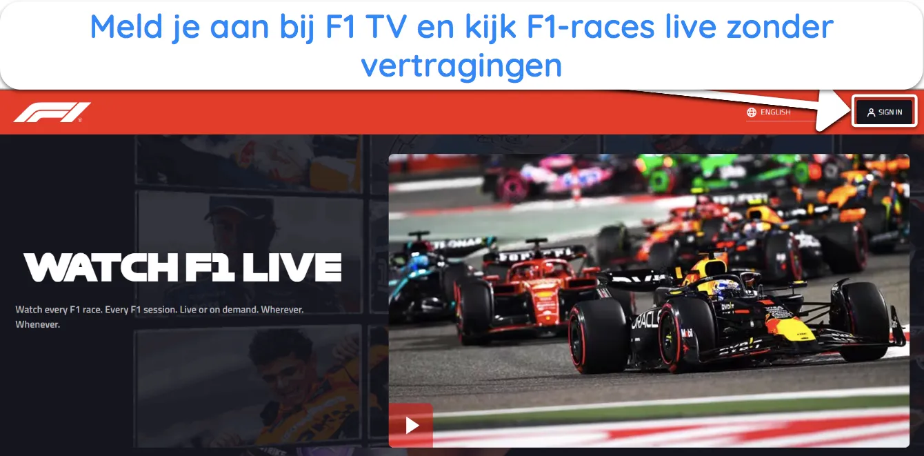 Screenshot van hoe je kunt inloggen op F1 TV om F1-races te bekijken na het abonneren.