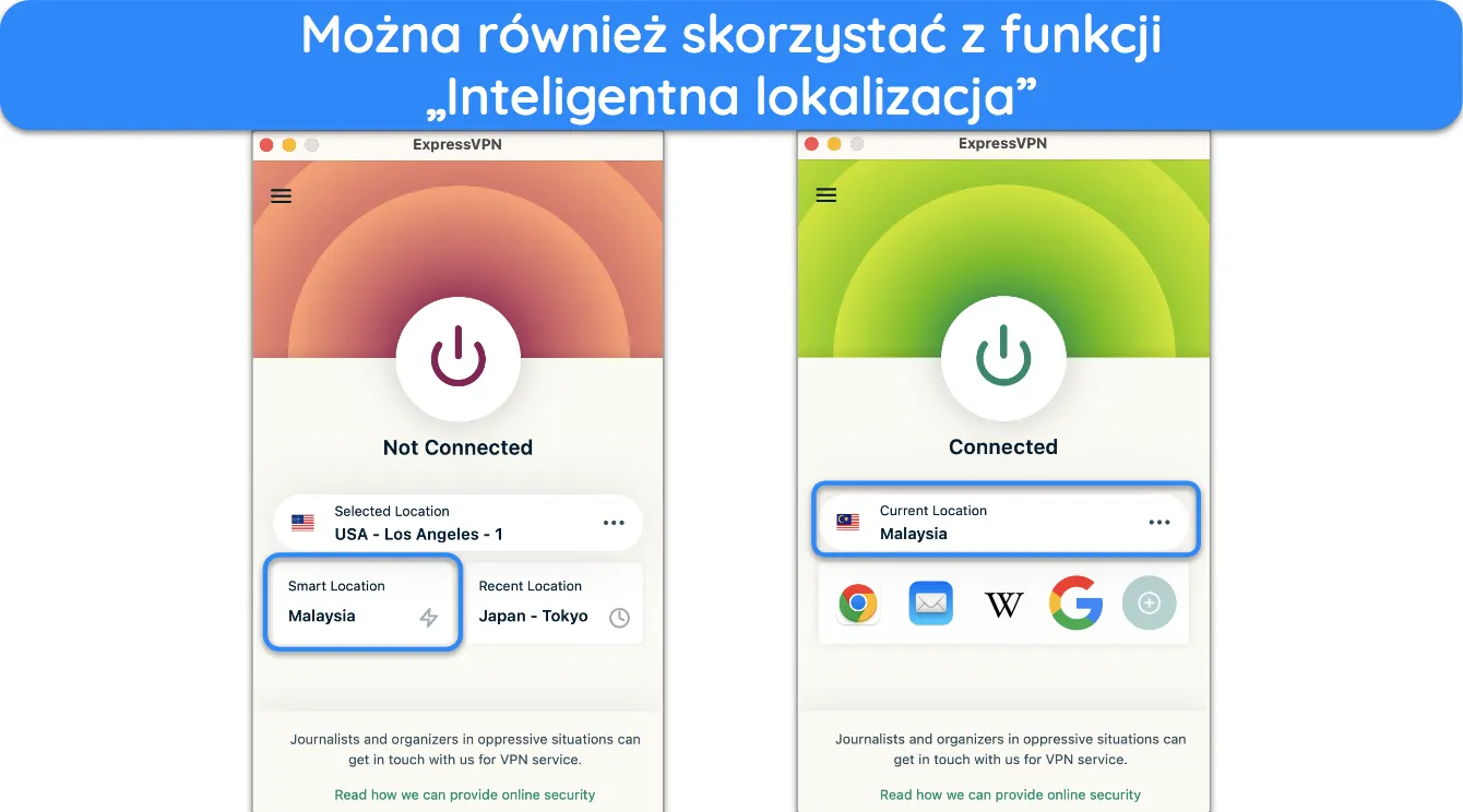 Zrzut ekranu funkcji inteligentnej lokalizacji ExpressVPN.