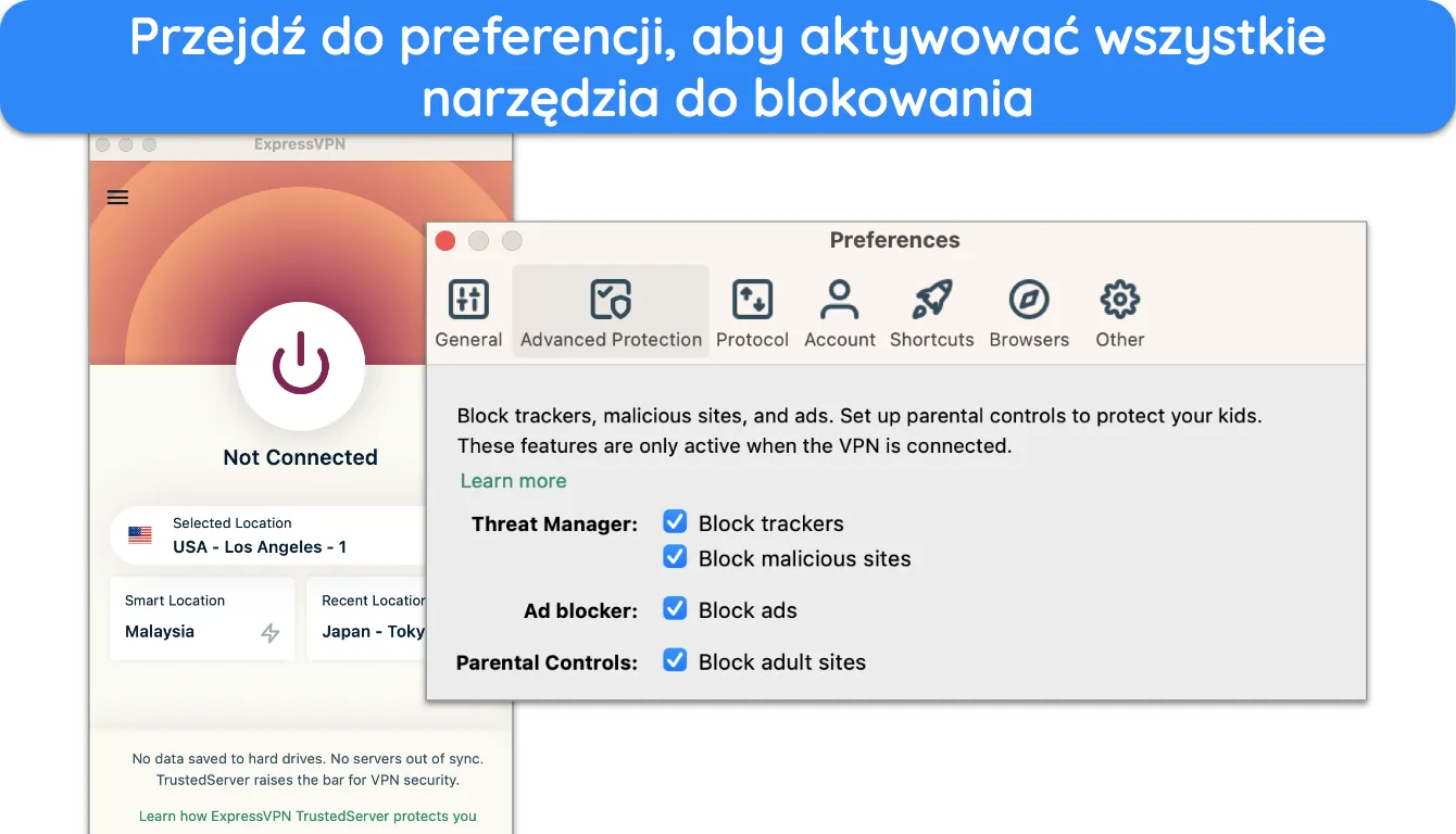 Zrzut ekranu opcji zaawansowanej ochrony ExpressVPN.