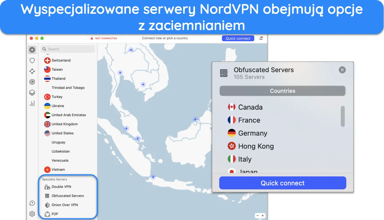 Zrzut ekranu serwerów specjalistycznych i serwerów zaciemnionych NordVPN.