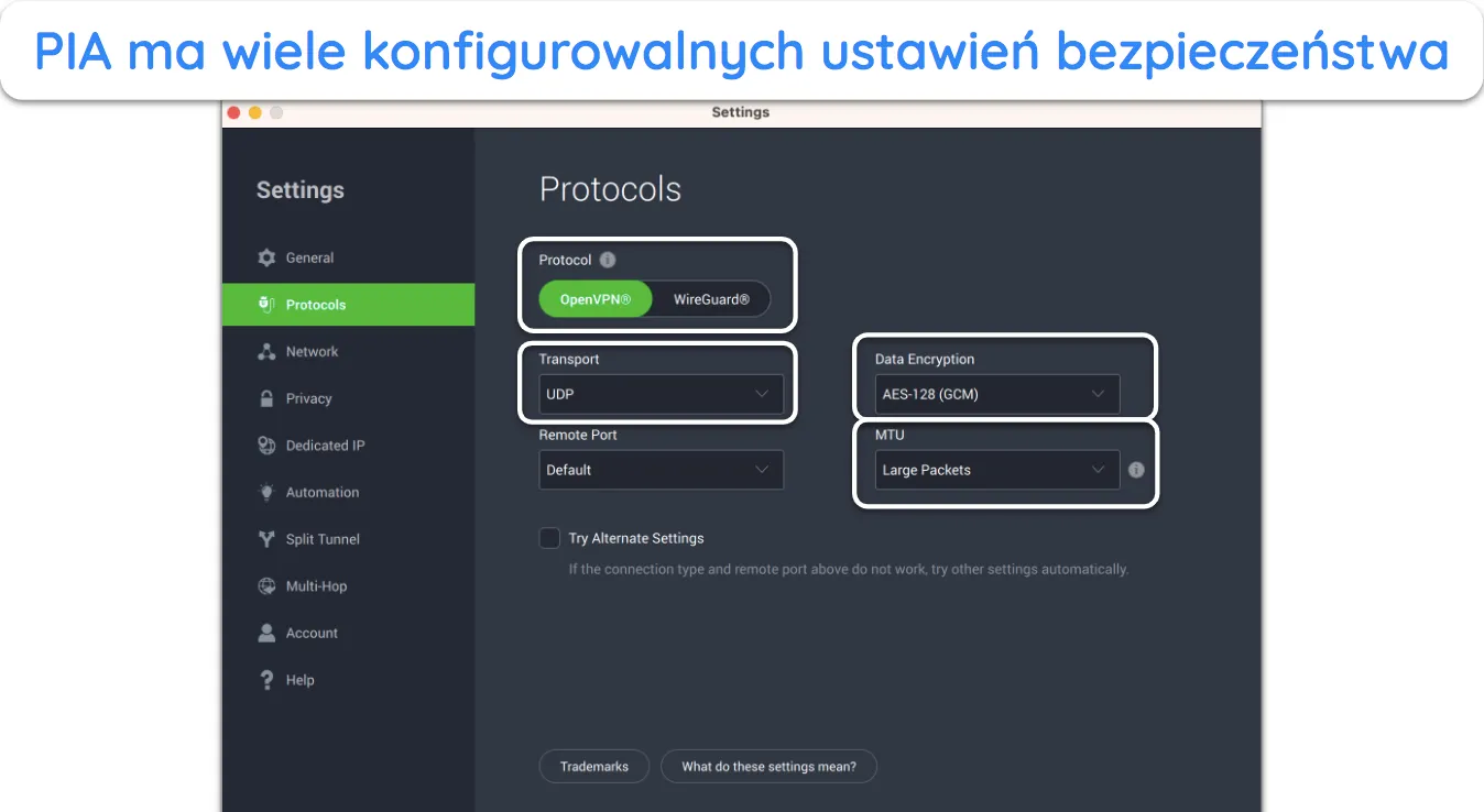 Zrzut ekranu zaawansowanych ustawień PIA.