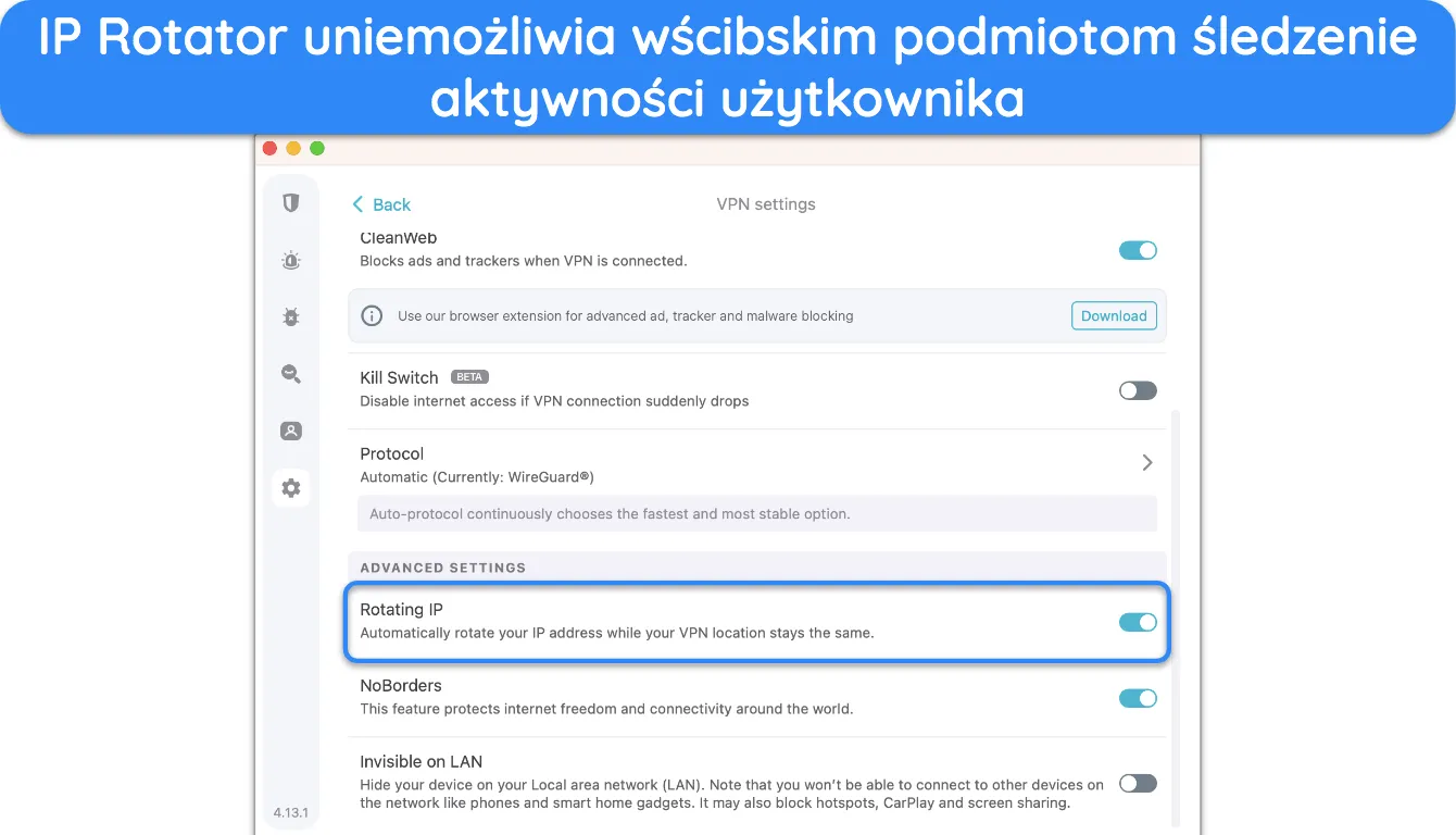 Zrzut ekranu ustawień IP Rotator Surfshark.