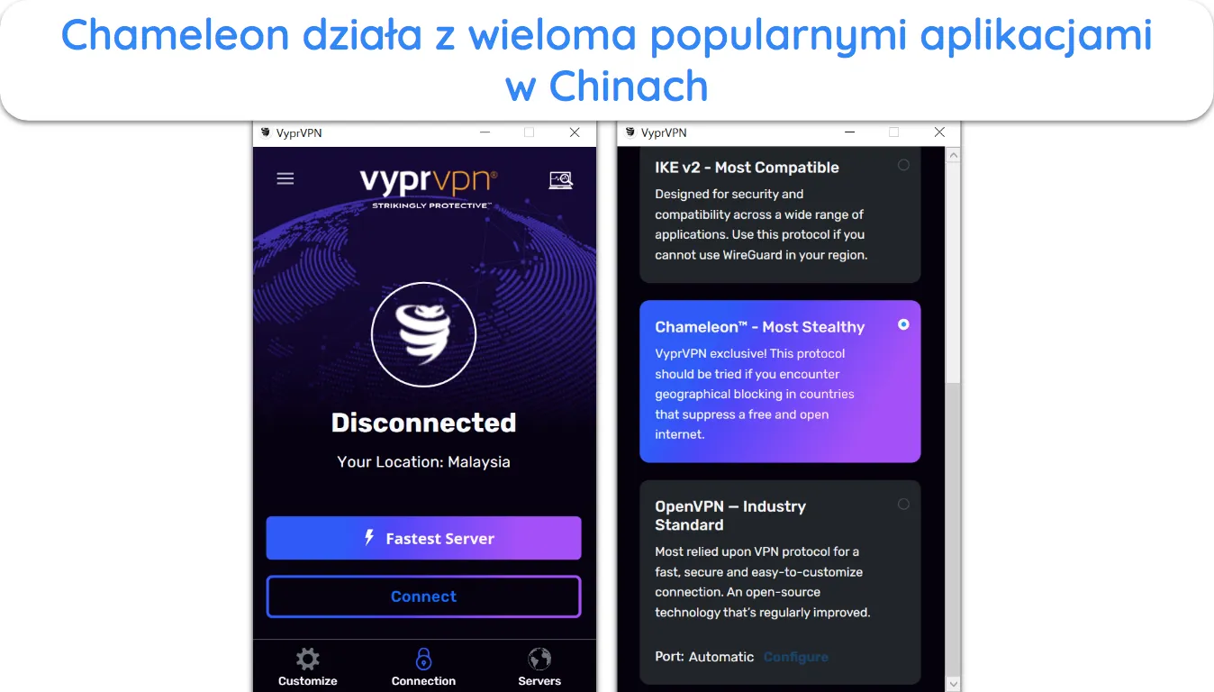 Zrzut ekranu opcji protokołu Chameleon VyprVPN w ustawieniach.
