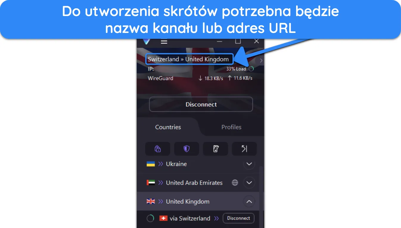 Zrzut ekranu połączenia Secure Core Connection w aplikacji Proton VPN.