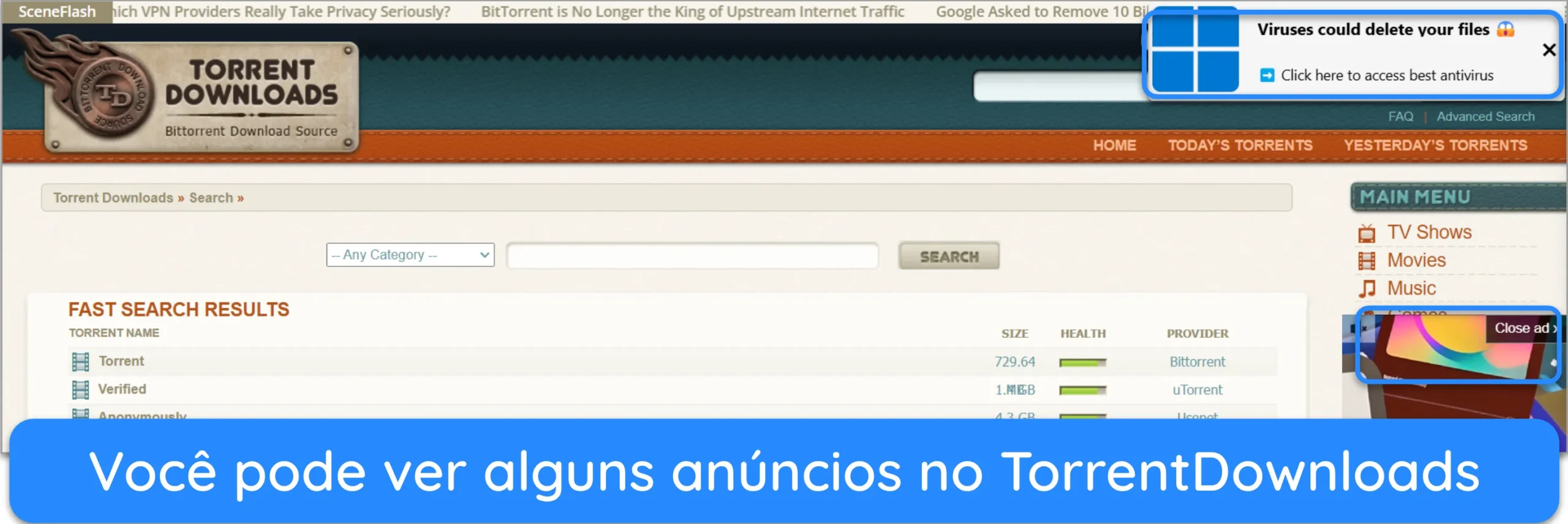 Captura de tela de an&uacute;ncios exibidos no TorrentDownloads.