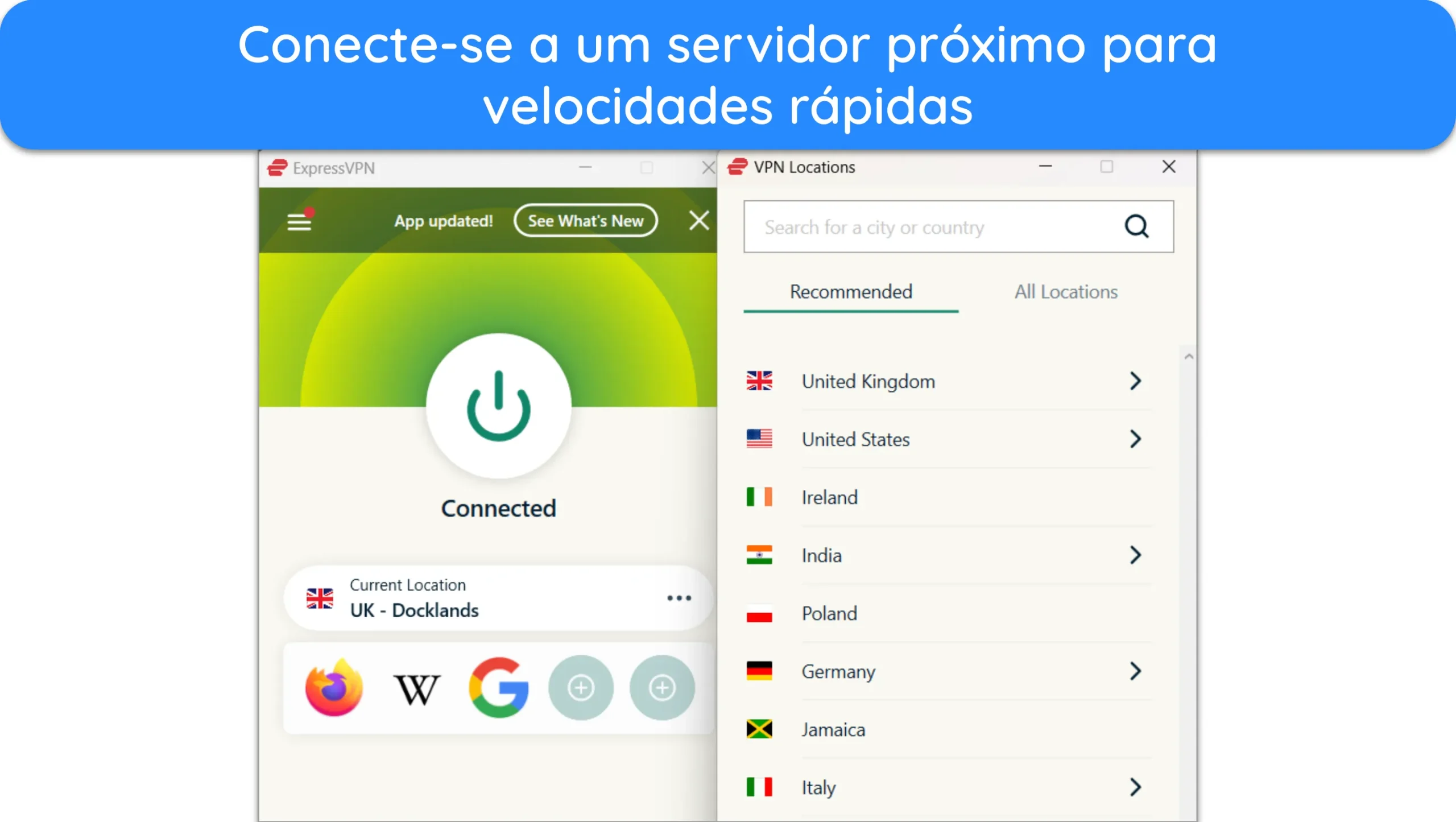 Captura de tela mostrando o ExpressVPN conectado a um servidor pr&oacute;ximo.