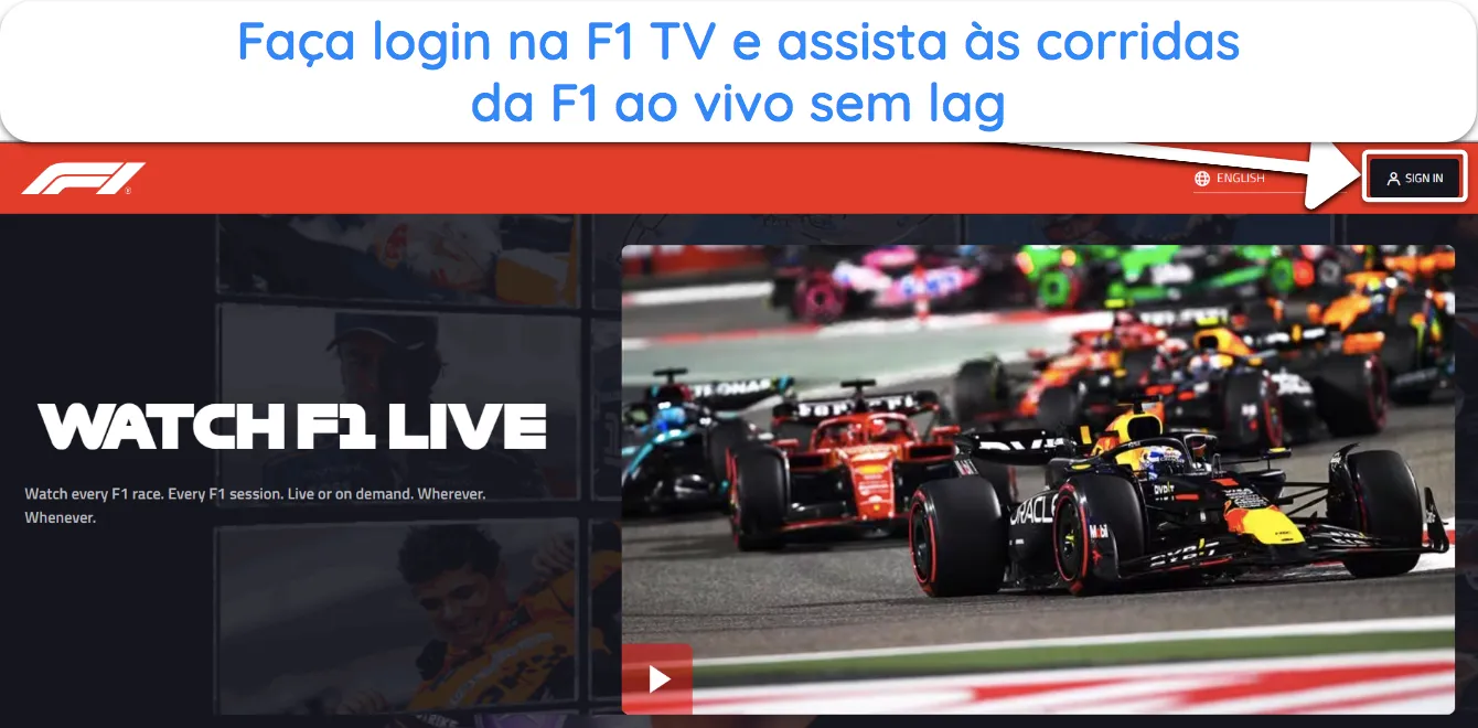 Captura de tela mostrando como fazer login na F1 TV para assistir às corridas de F1 após a assinatura.