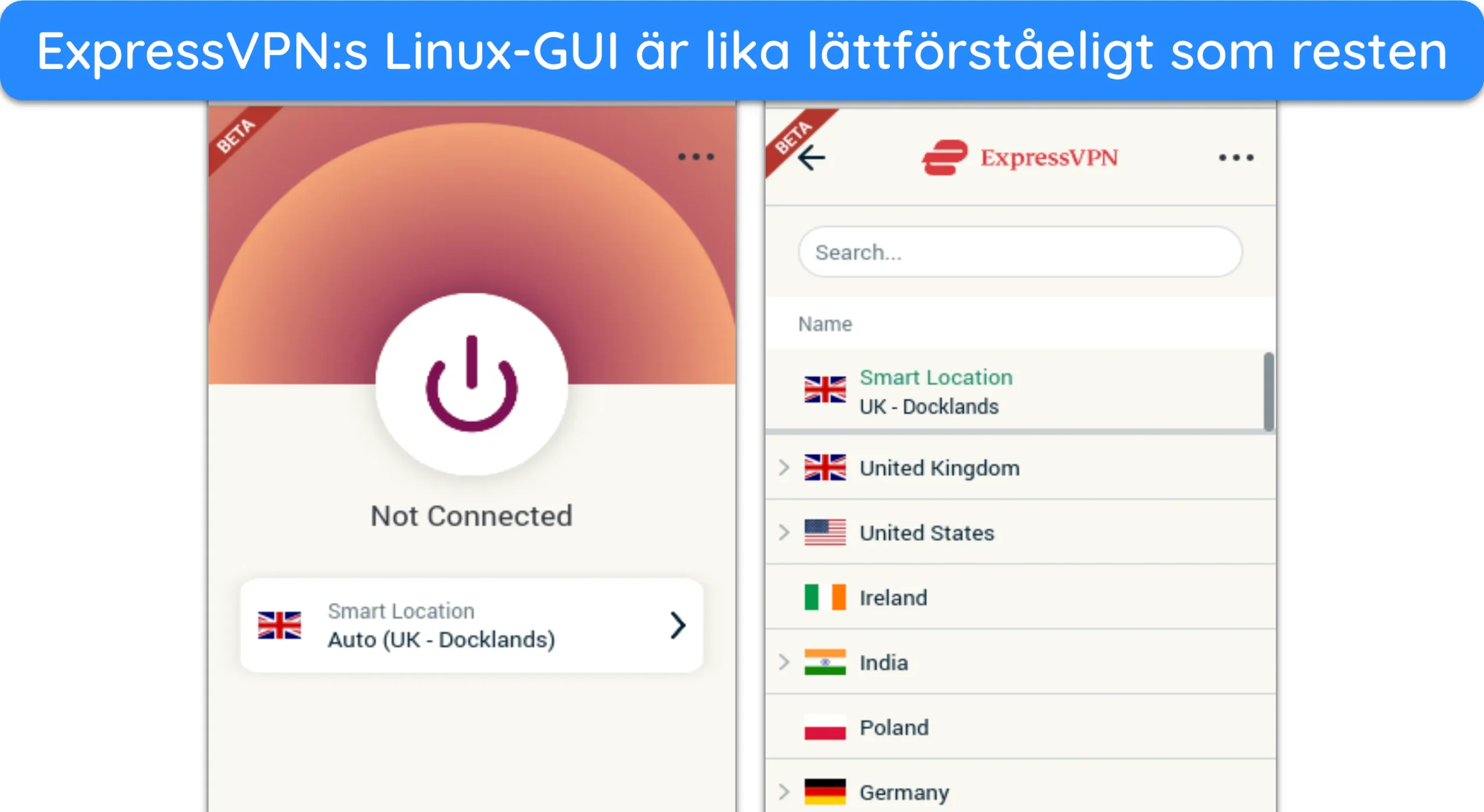 Skärmdump som visar ExpressVPNs GUI på Linux