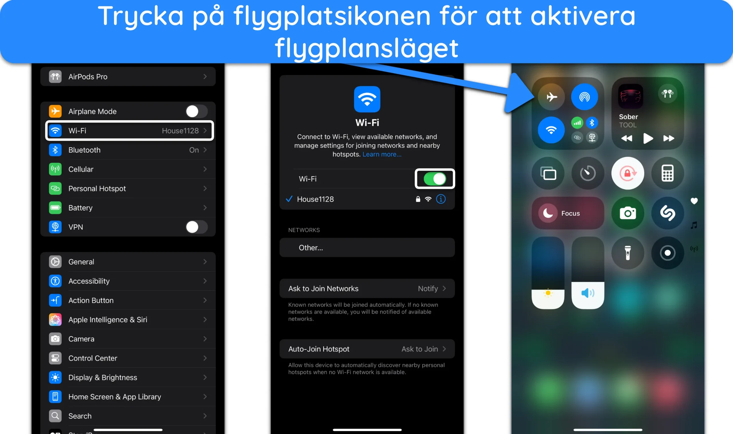 Skärmdump av hur du aktiverar flygplansläge på iPhone.