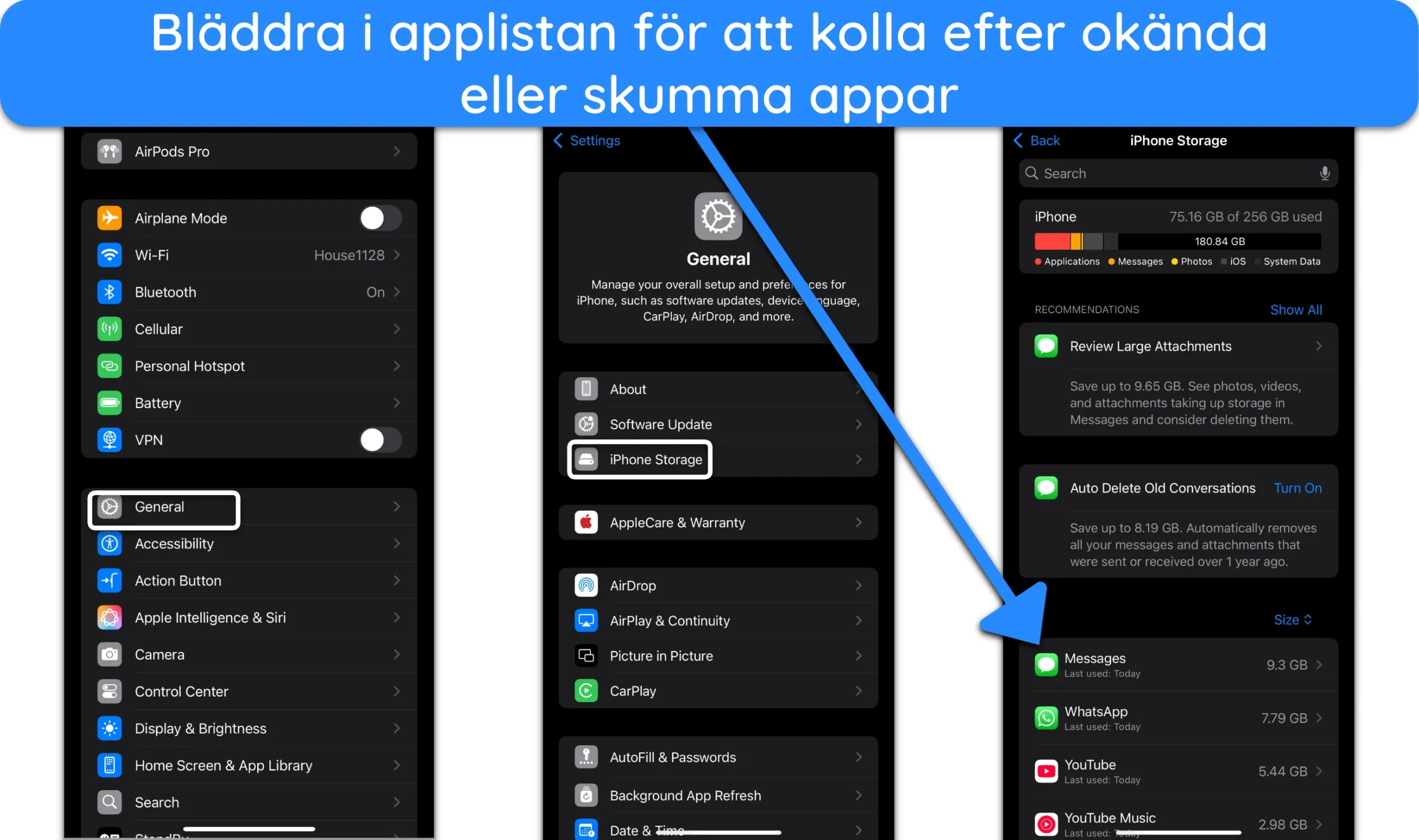 Skärmdump av listan över appar som visas under iPhone-lagring.