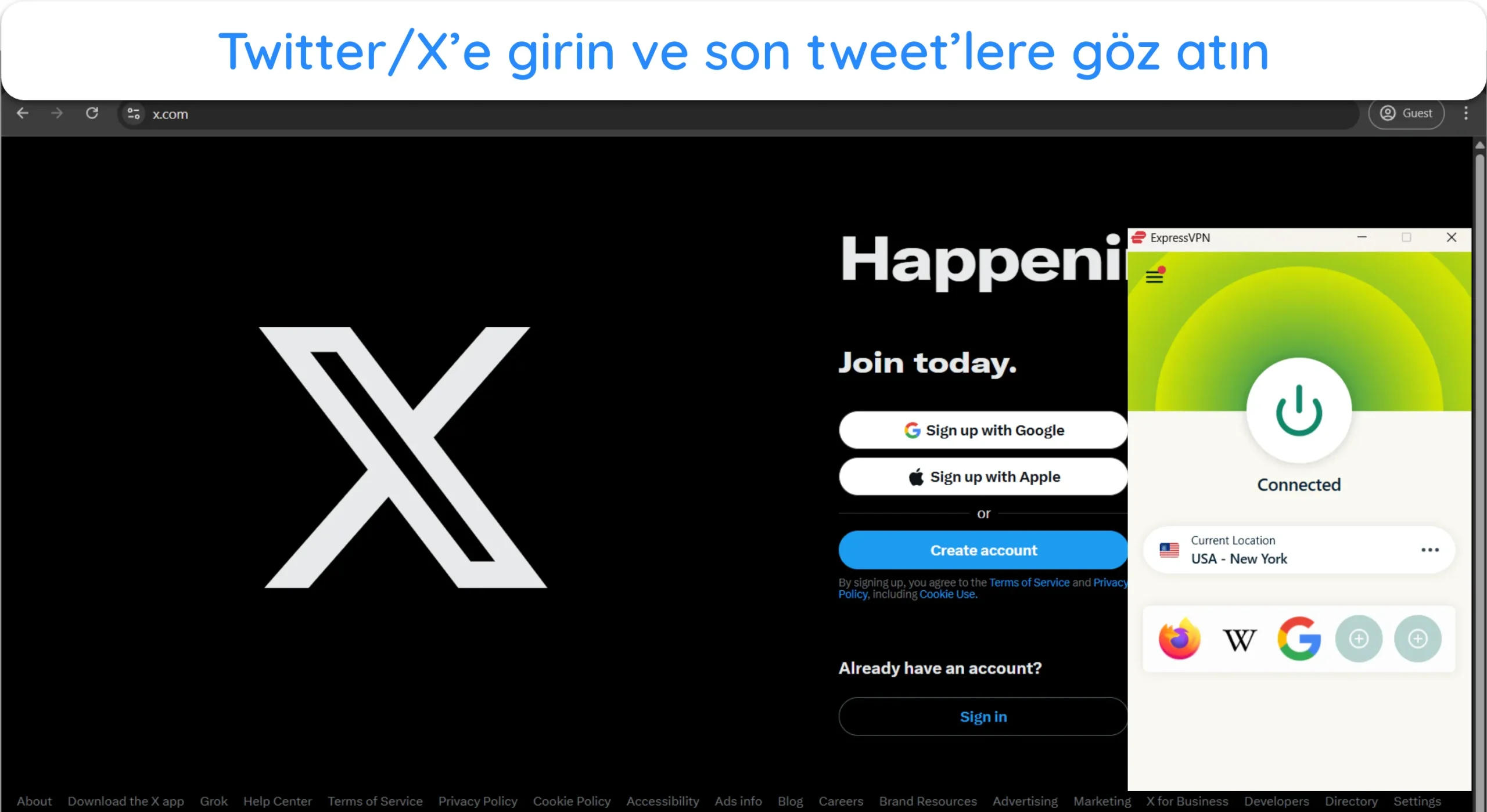 ExpressVPN'e bağlandıktan sonra Twitter/X'e nasıl giriş yapılacağını gösteren ekran görüntüsü.