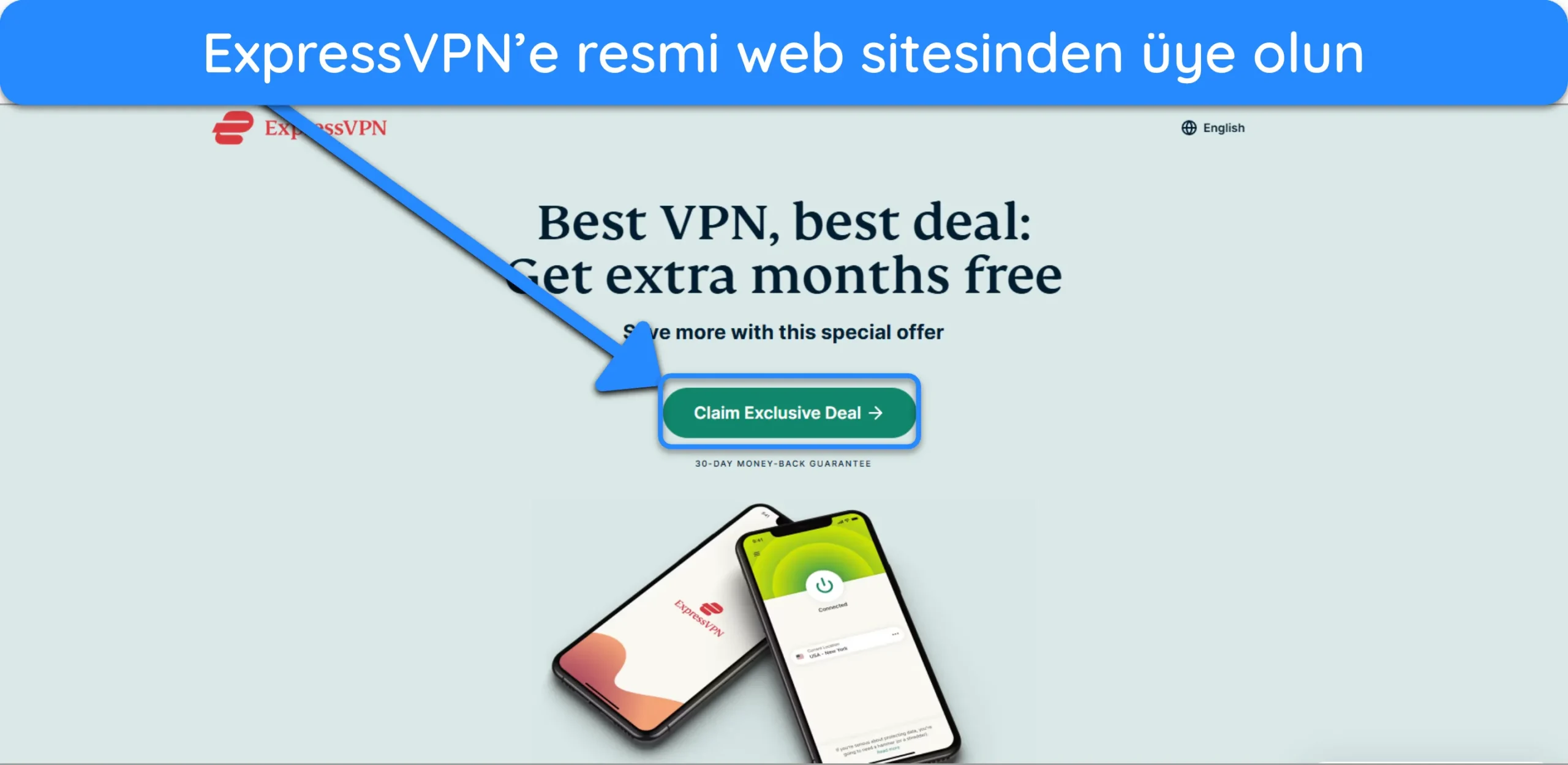 ExpressVPN'e resmi web sitesi üzerinden nasıl abone olunacağını gösteren ekran görüntüsü.