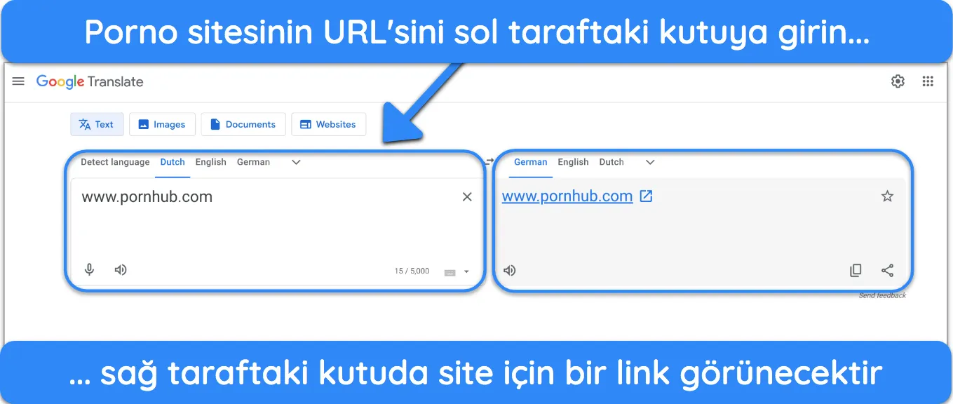 Yetişkin i&ccedil;erikleri g&uuml;venli bir şekilde izleme hakkında bir &ccedil;eviri g&ouml;steren Google &Ccedil;eviri aray&uuml;z&uuml;.