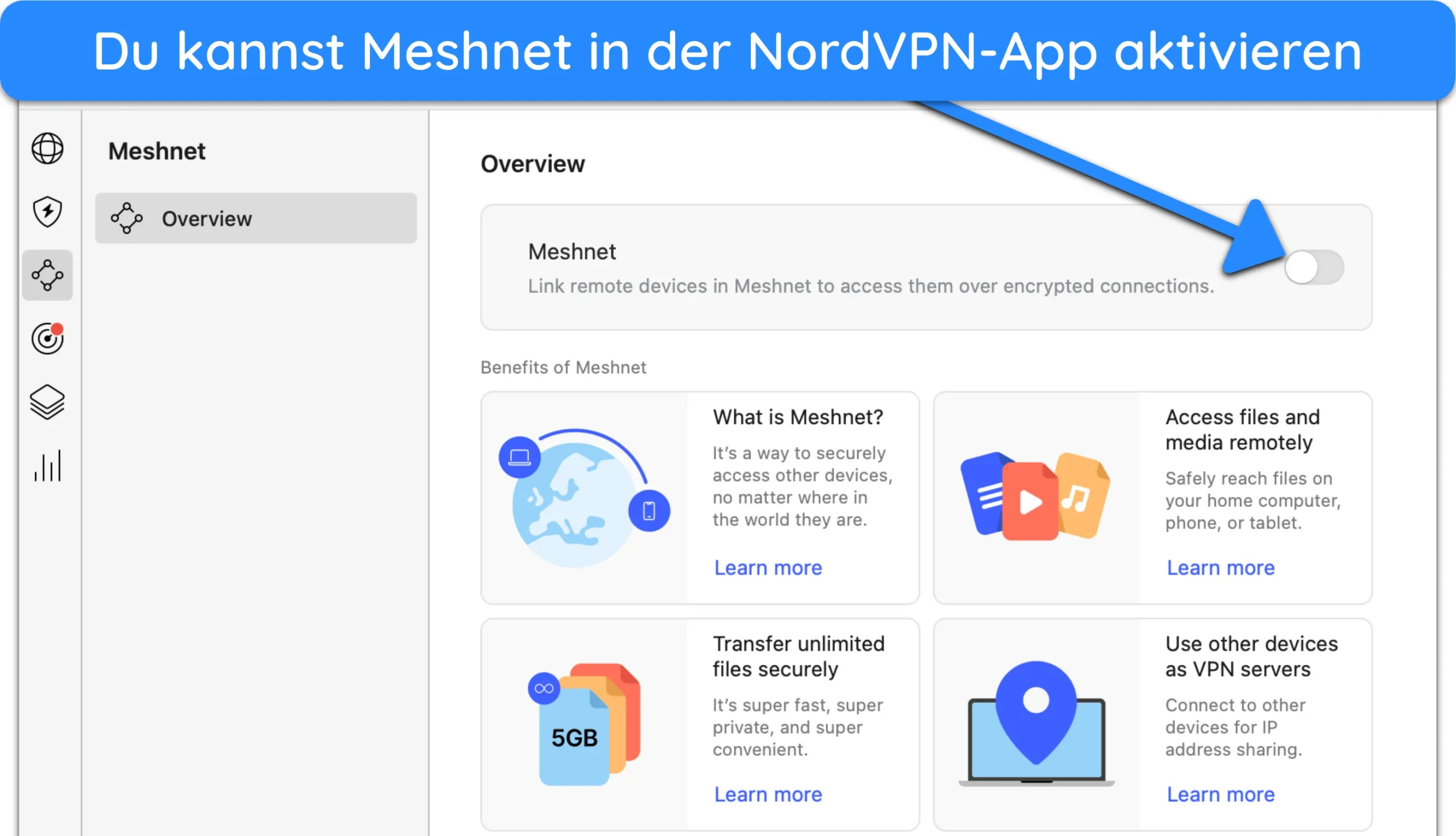 Screenshot der Anleitung zum Einschalten von Meshnet in der NordVPN-Mac-App.