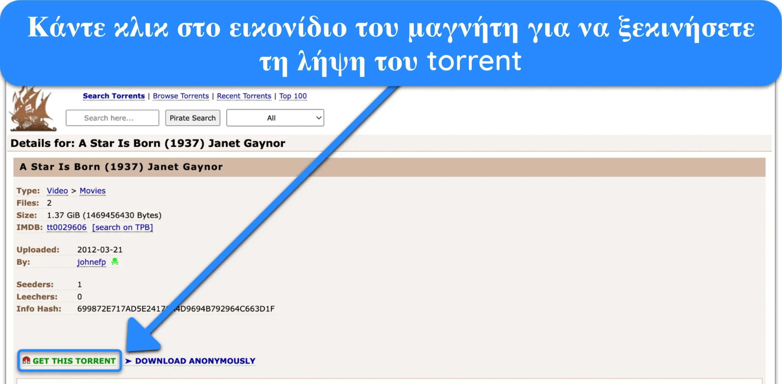 Στιγμιότυπο οθόνης που δείχνει τον μαγνητικό σύνδεσμο ενός αρχείου torrent στο The Pirate Bay.