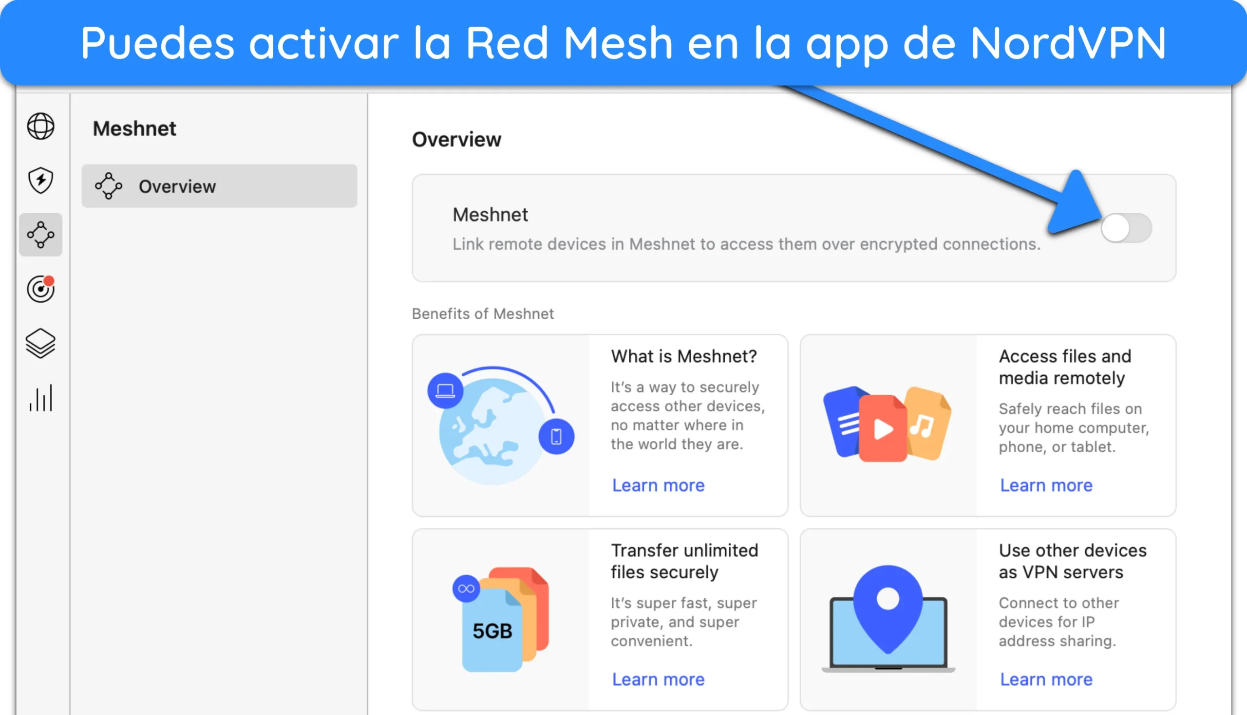 Captura de pantalla de cómo activar Meshnet en la aplicación NordVPN para Mac.