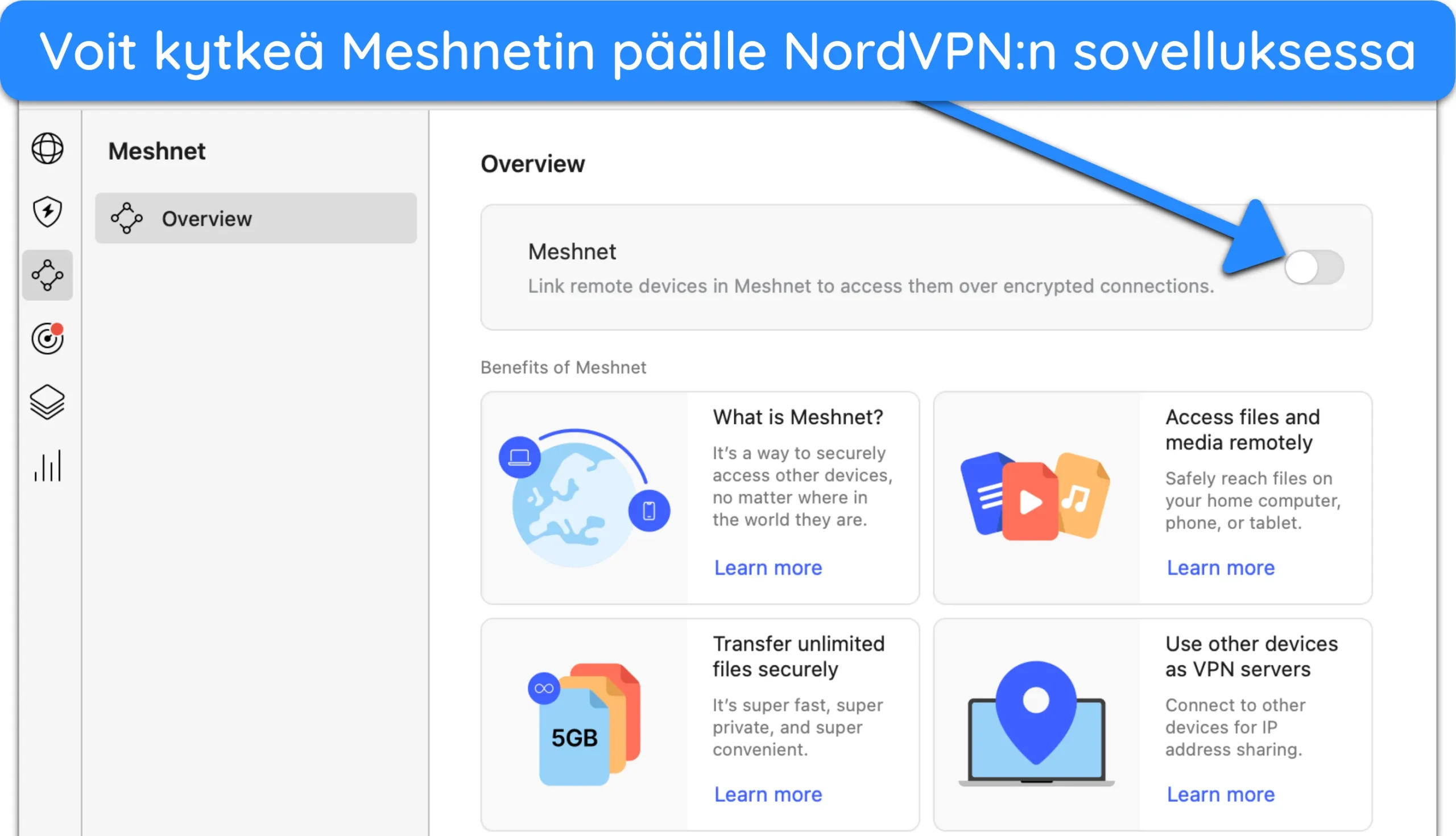 Näyttökaappaus Meshnetin kytkemisestä päälle NordVPN Mac -sovelluksessa.