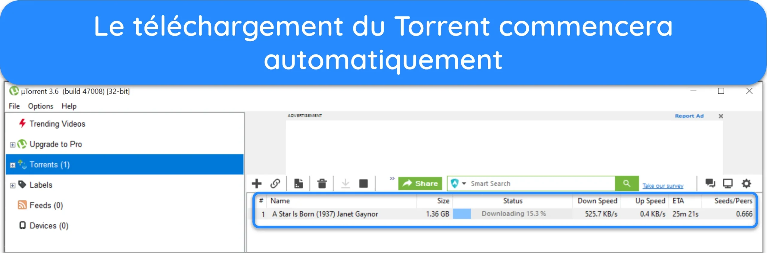 Capture d'écran d'un fichier torrent en cours de téléchargement sur uTorrent.