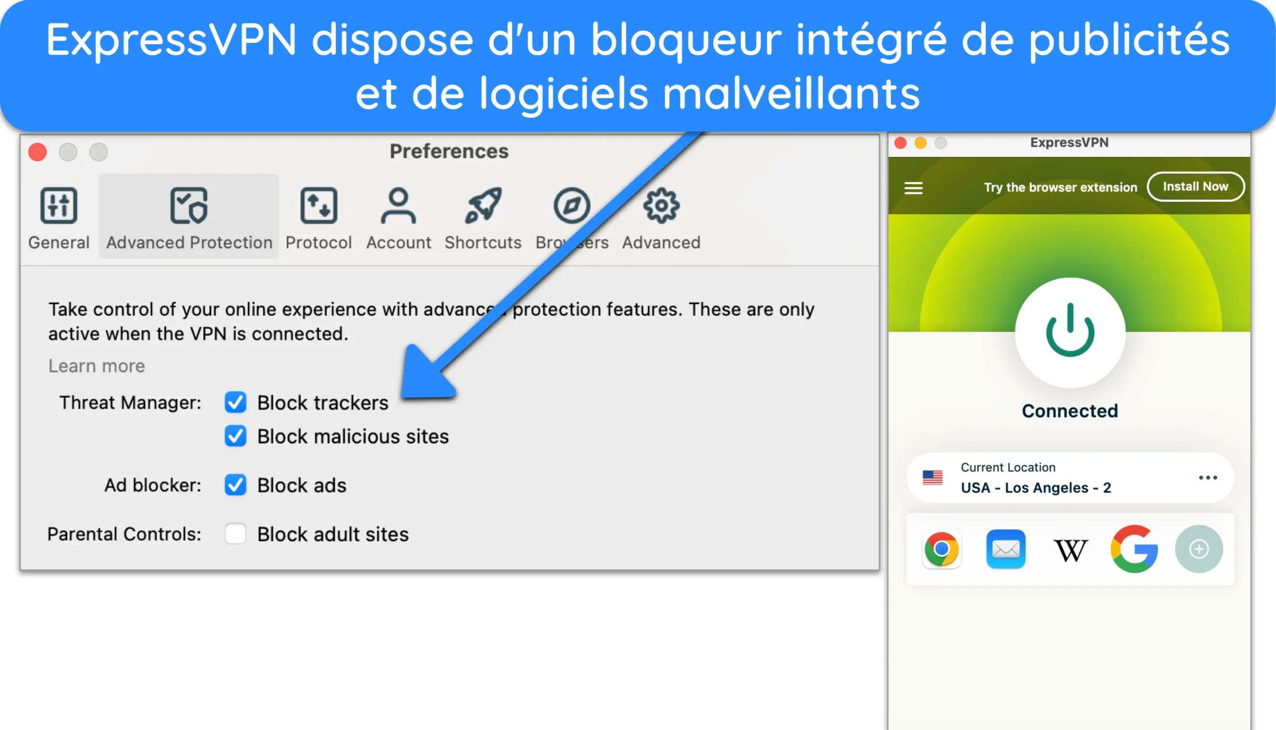 Capture d'écran d'ExpressVPN connecté à un serveur aux États-Unis avec le blocage des publicités, des trackers et des logiciels malveillants activé dans les préférences.