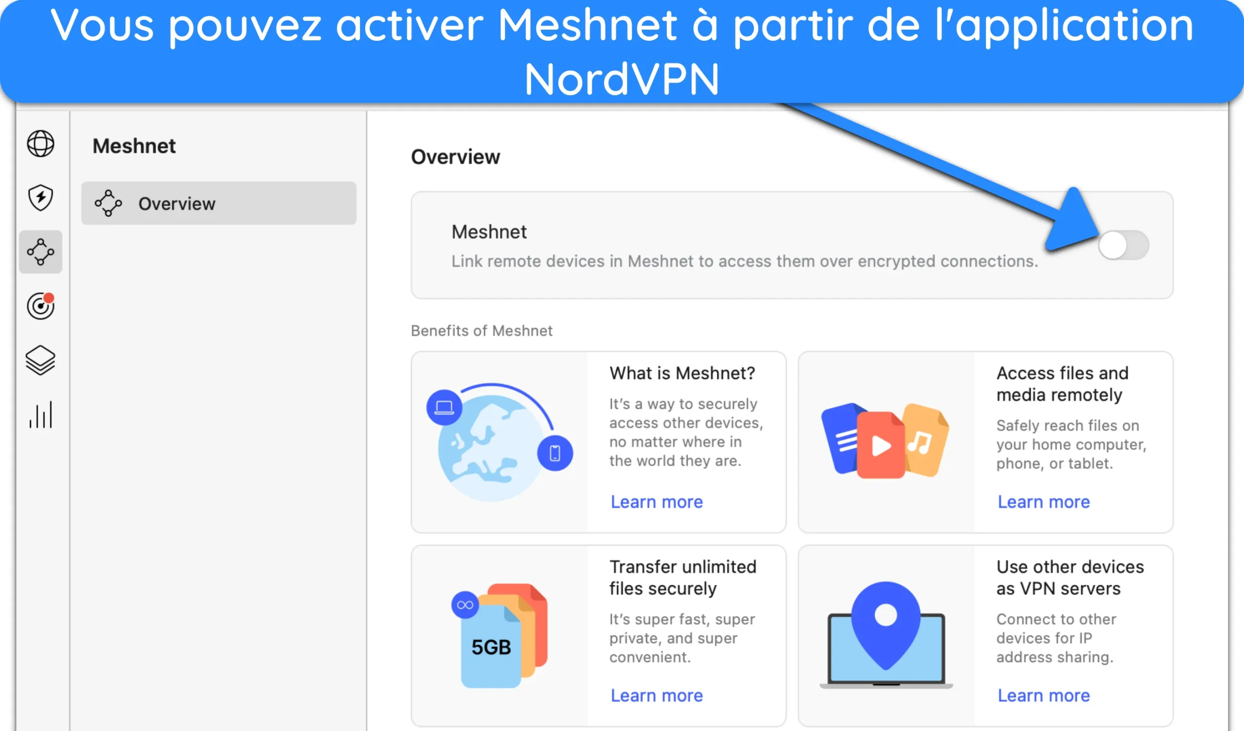 Capture d'écran montrant comment activer Meshnet sur l'application Mac NordVPN.