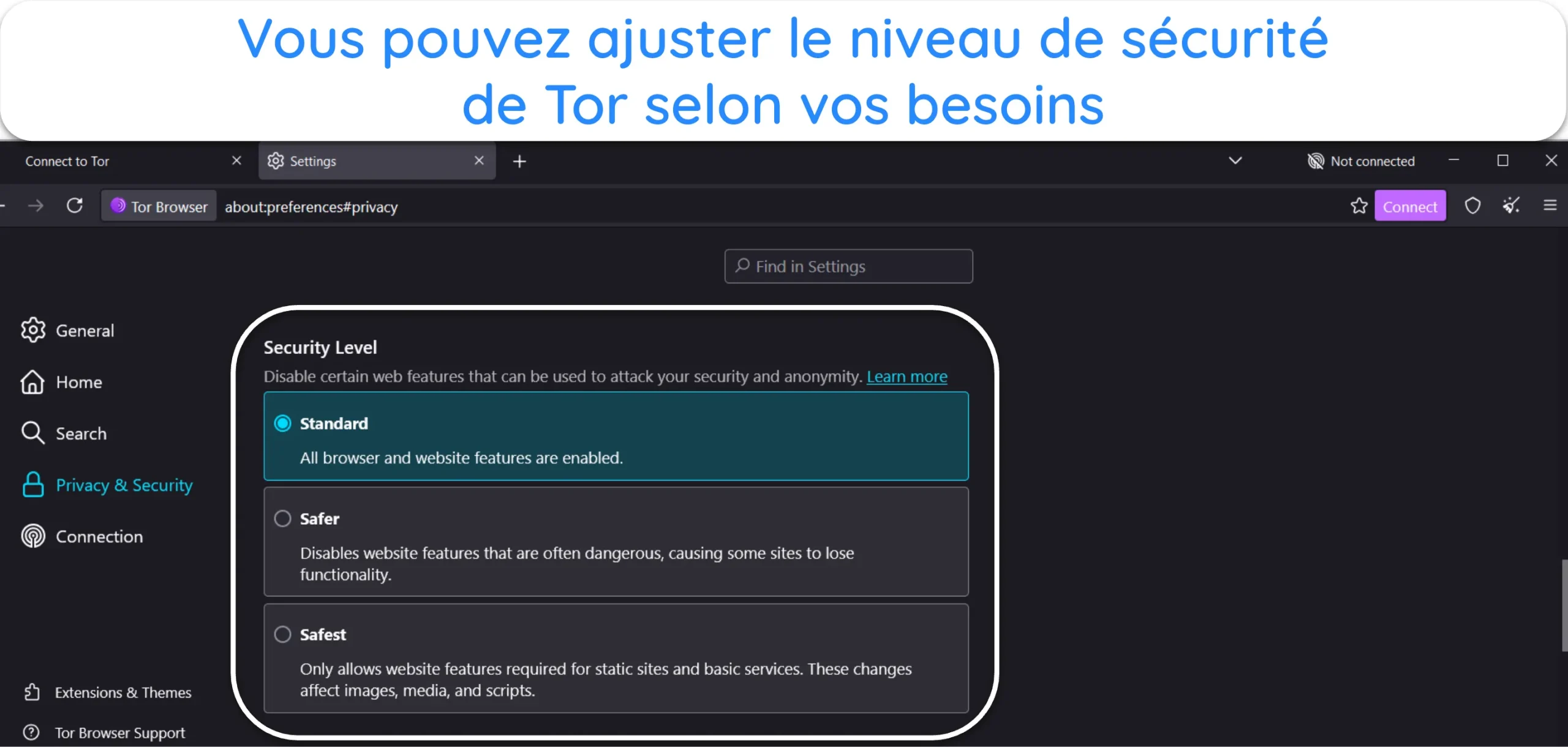 Capture d'&eacute;cran montrant l'option Niveau de s&eacute;curit&eacute; dans les param&egrave;tres de Tor