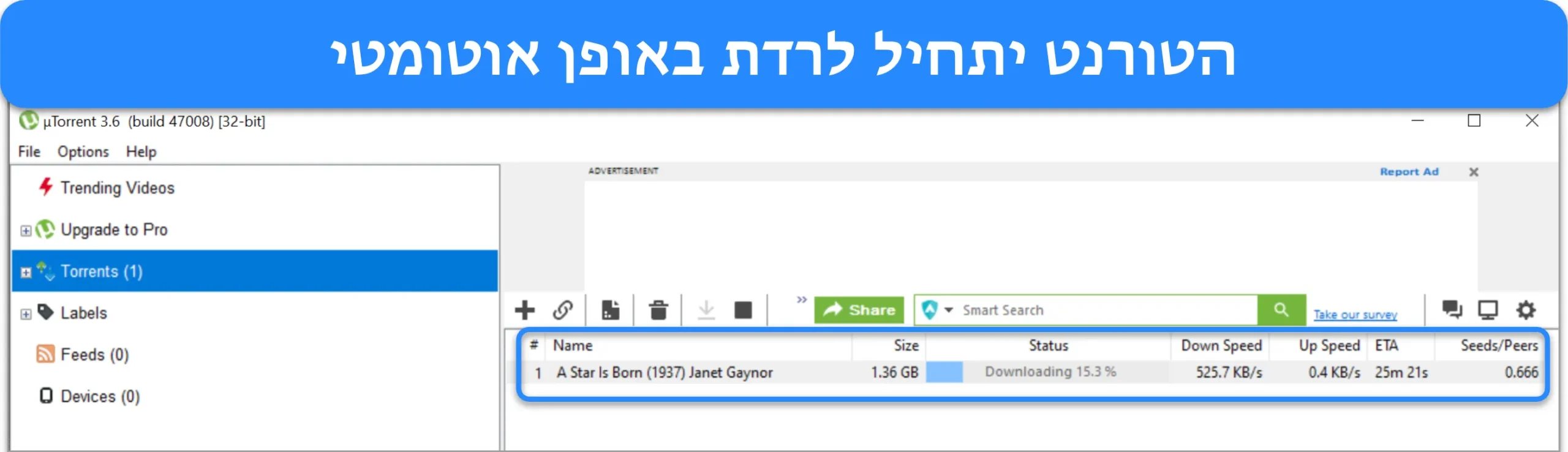 צילום מסך של קובץ טורנט שהוורד ב-uTorrent.