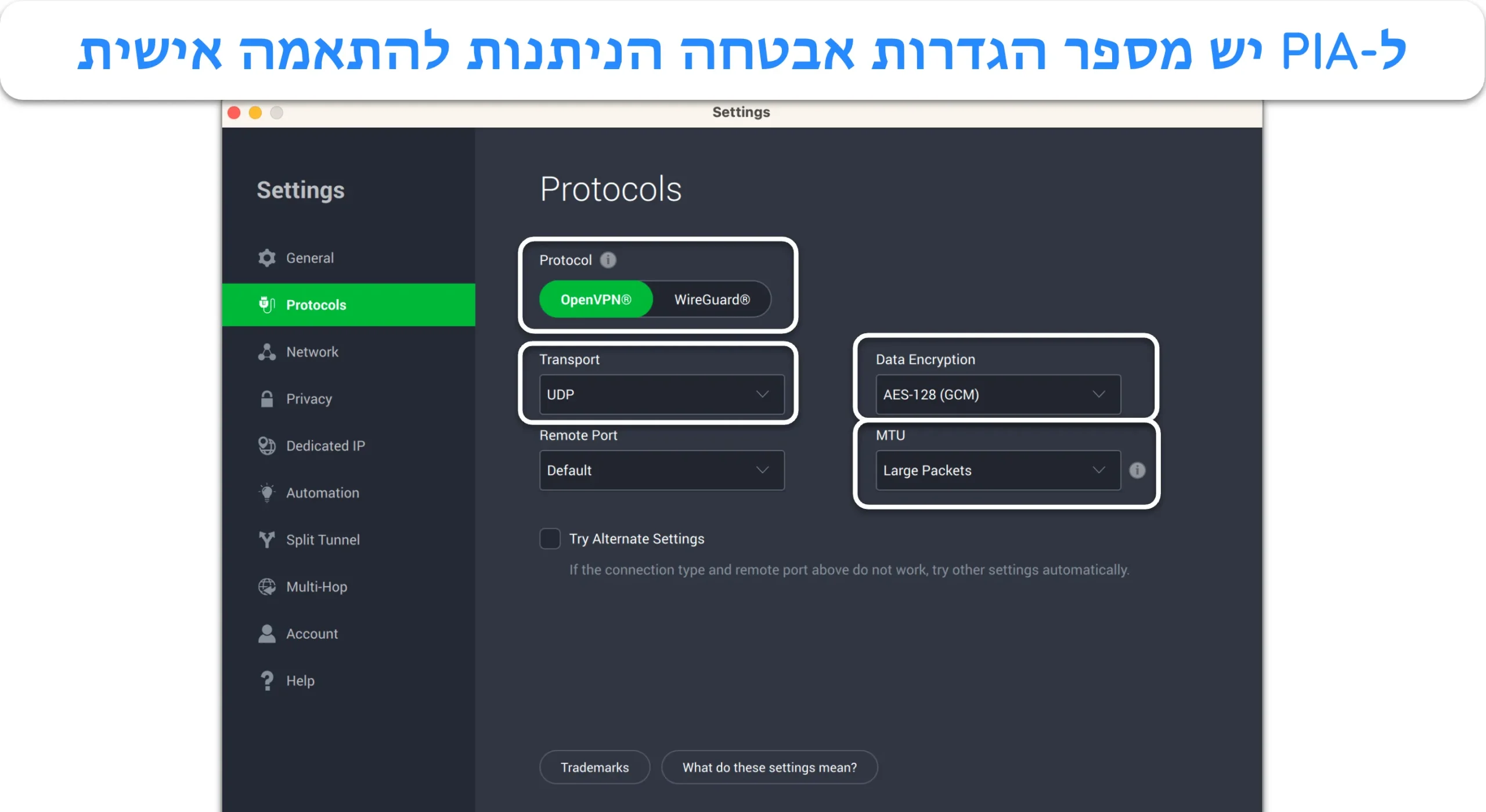 צילום מסך של ההגדרות המתקדמות של PIA.