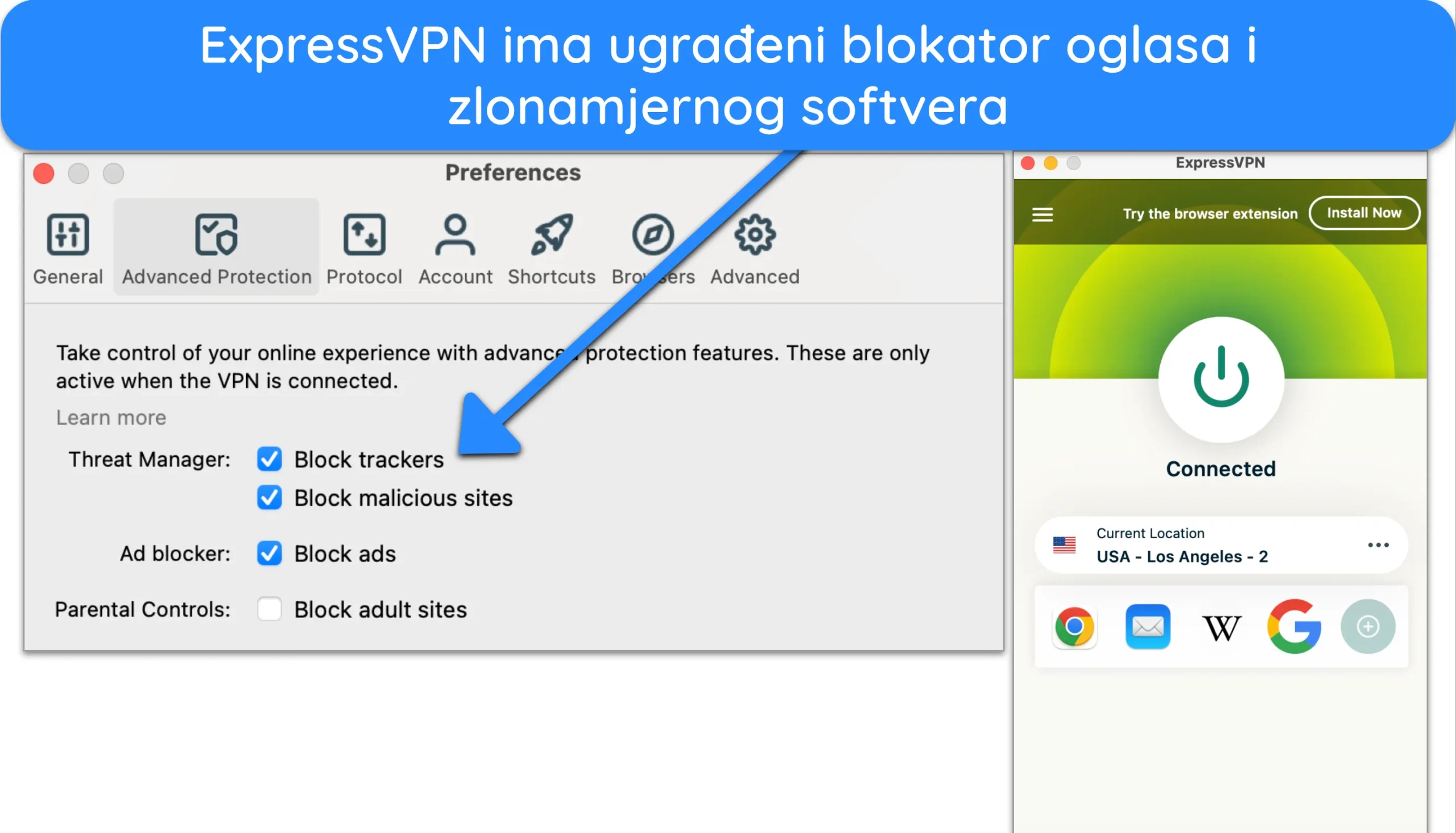 Snimka zaslona ExpressVPN-a povezanog s poslužiteljem u SAD-u s oglasima, alatom za praćenje i blokiranjem zlonamjernog softvera omogućenim u postavkama.
