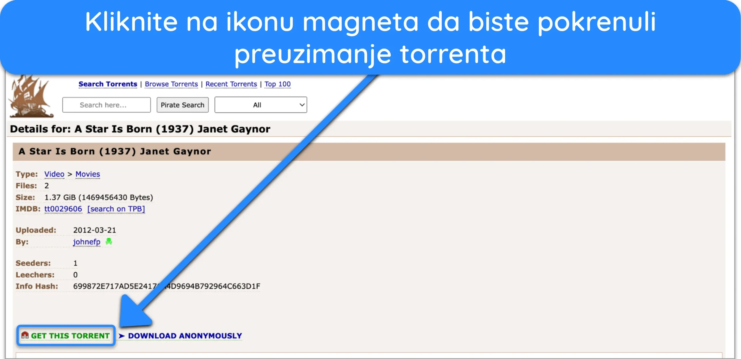 Snimka zaslona koja prikazuje magnetnu vezu torrent datoteke na The Pirate Bayu.