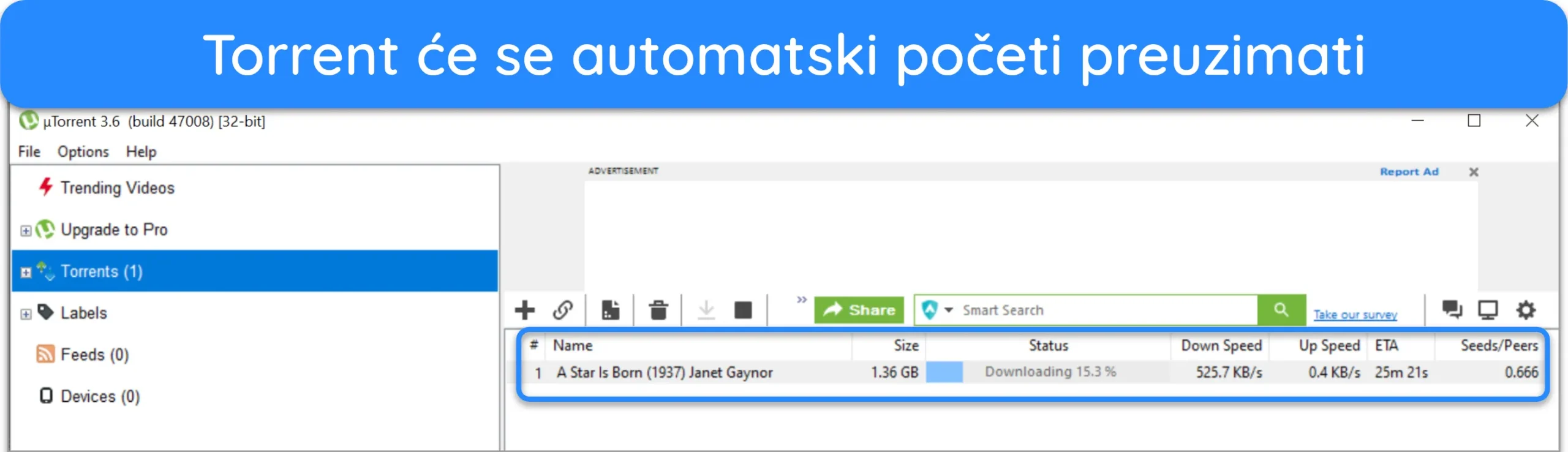 Snimka zaslona torrent datoteke koja se preuzima na uTorrent.