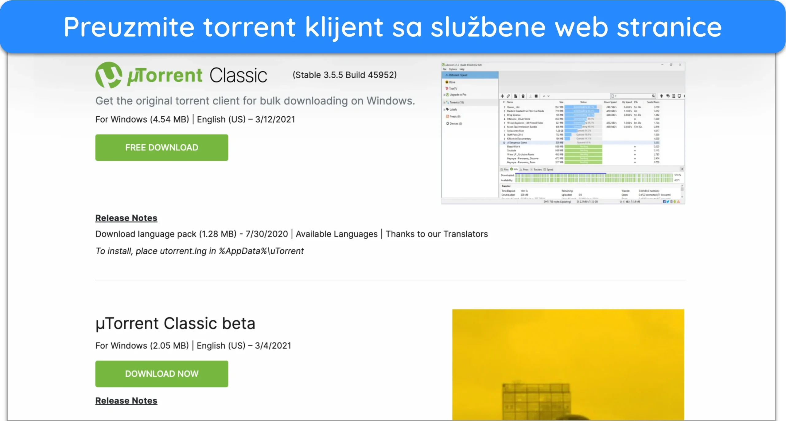Snimka zaslona kako preuzeti uTorrent s njegove službene web stranice.