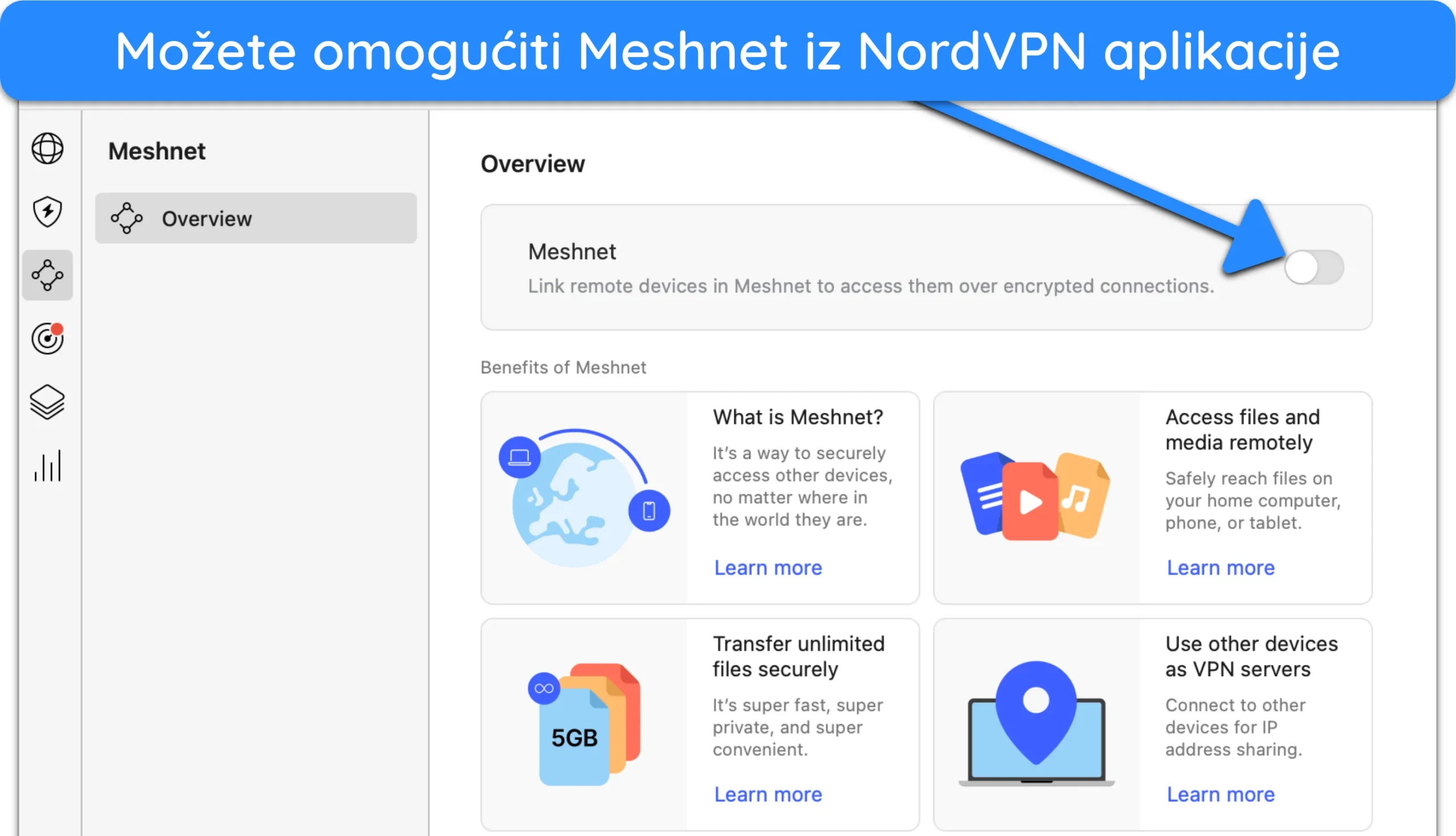 Snimka zaslona kako uključiti Meshnet u aplikaciji NordVPN za Mac.