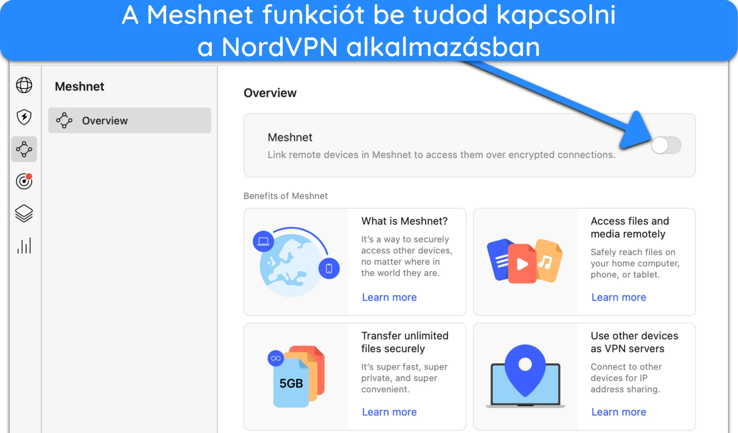 Képernyőkép a Meshnet bekapcsolásának módjáról a NordVPN Mac alkalmazásban.