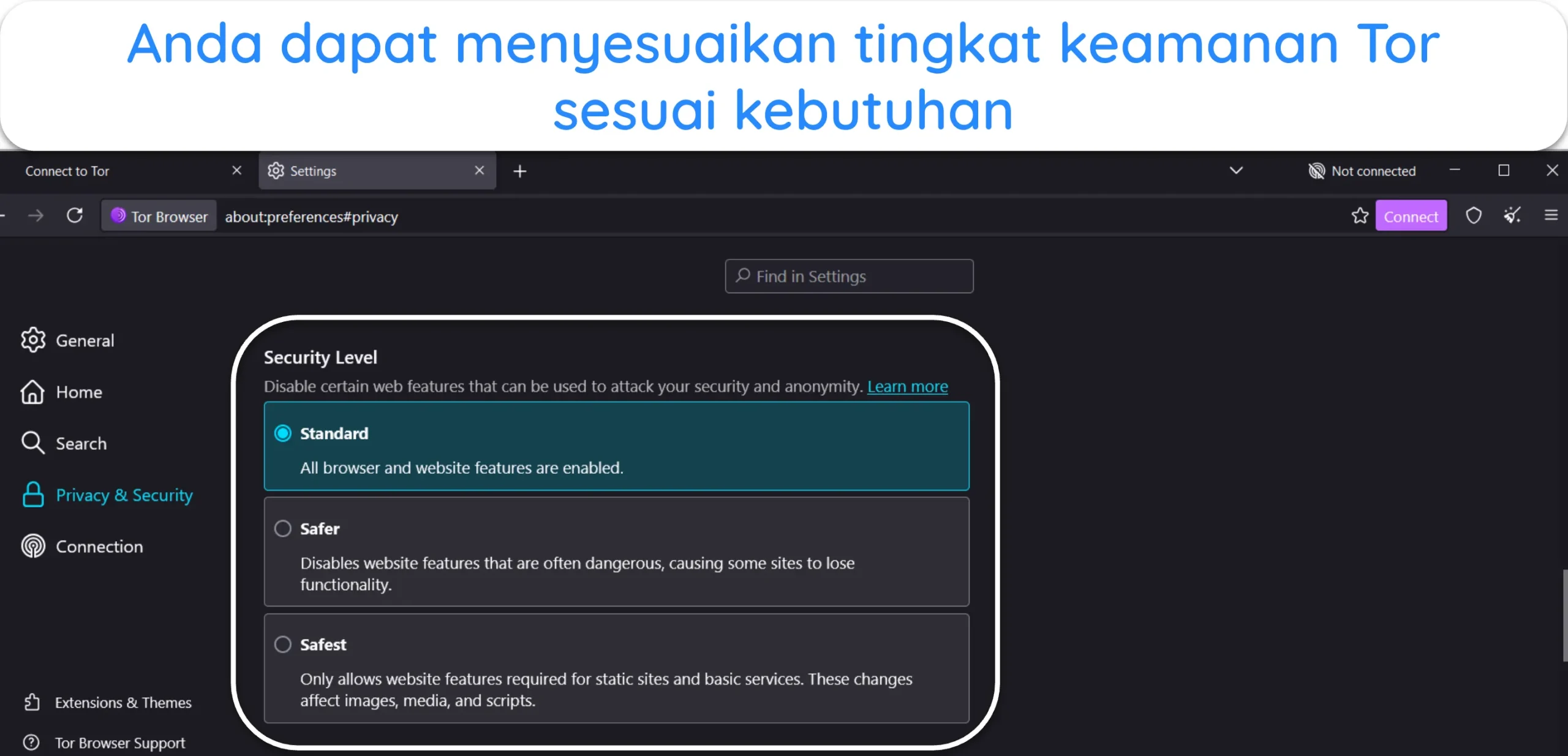Tangkapan layar yang menunjukkan opsi Tingkat Keamanan dalam pengaturan Tor