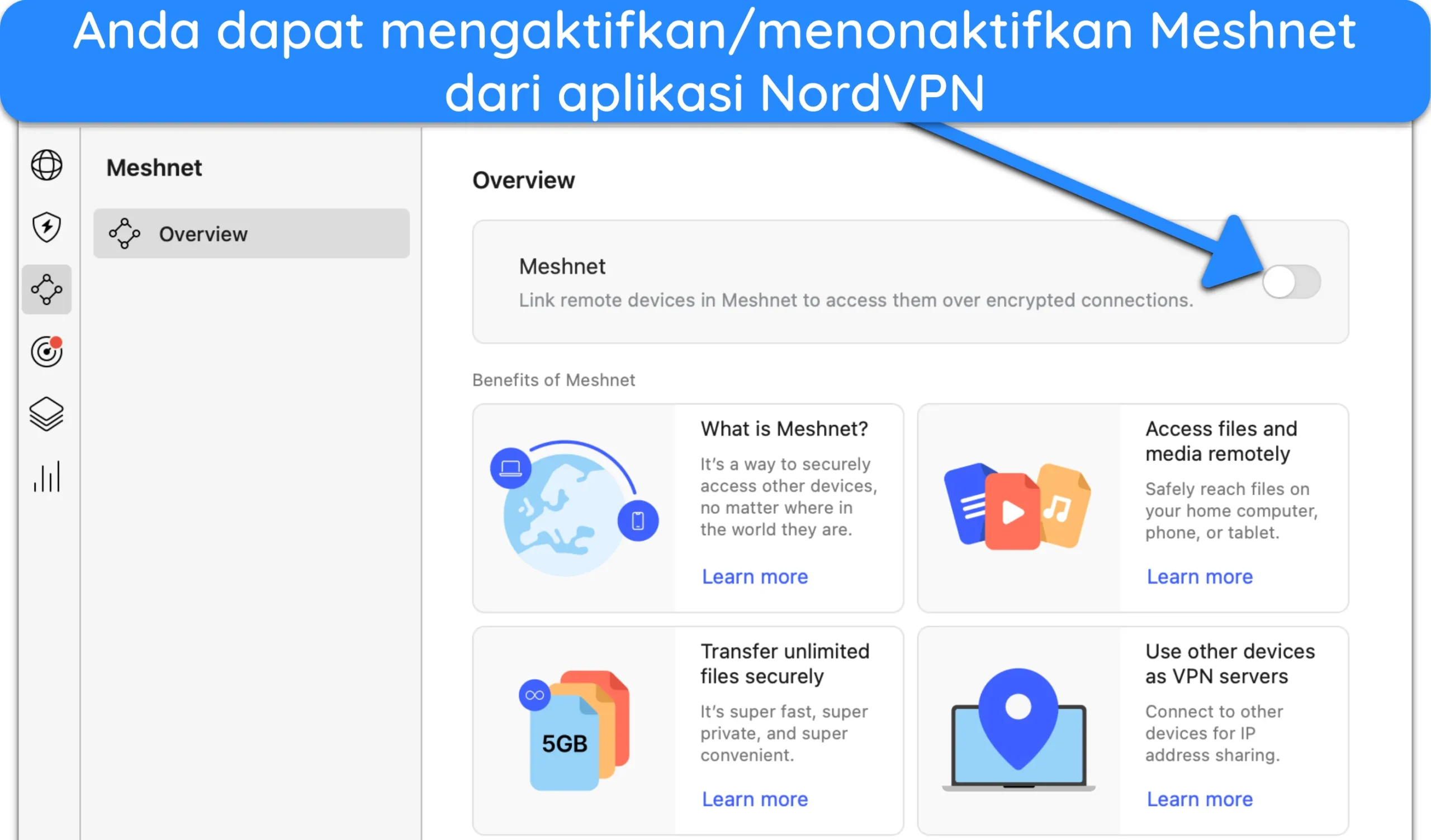 Tangkapan layar cara mengaktifkan Meshnet di aplikasi NordVPN Mac.