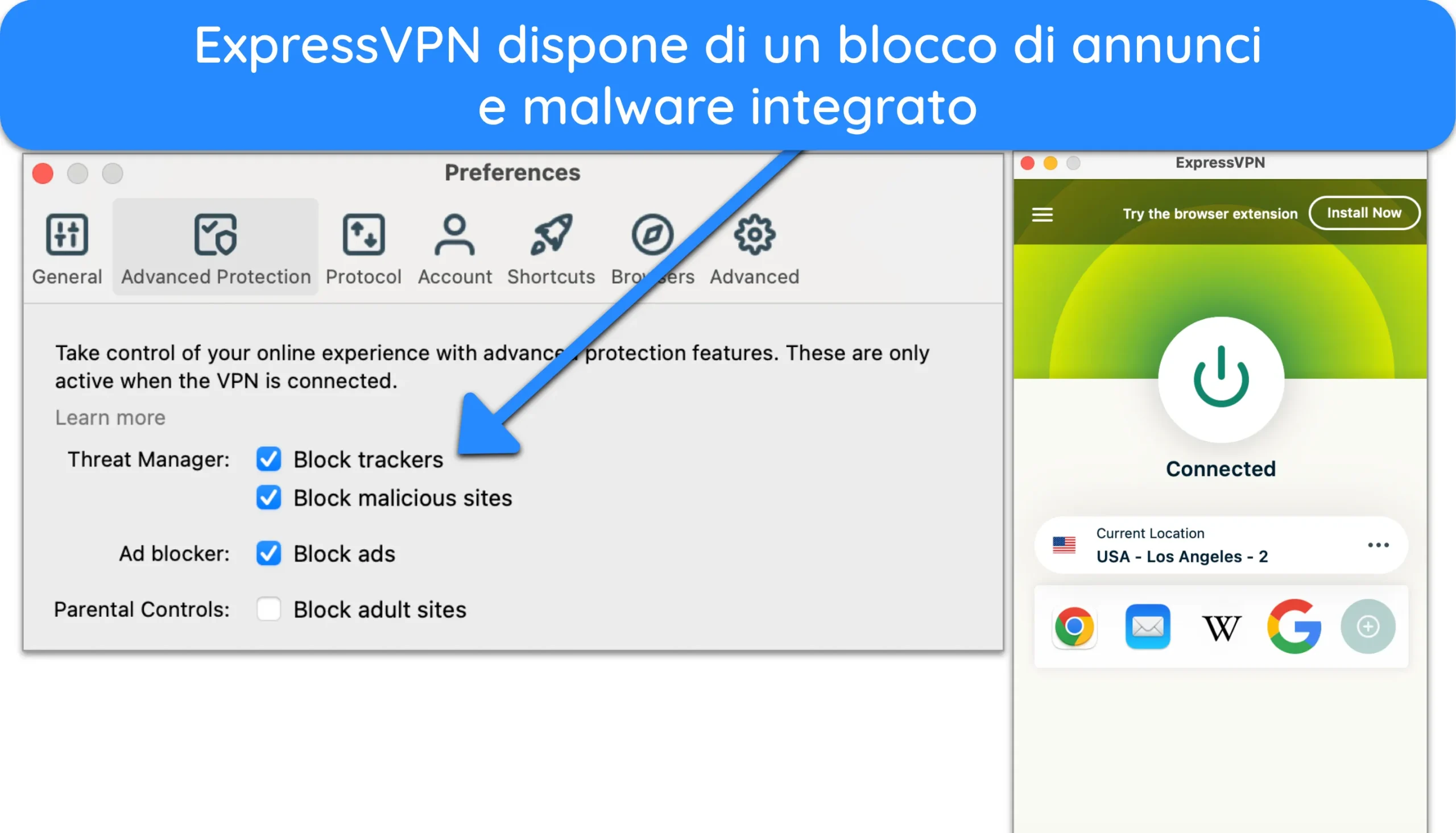Screenshot di ExpressVPN connesso a un server negli Stati Uniti con blocco di pubblicit&agrave;, tracker e malware abilitato nelle preferenze.