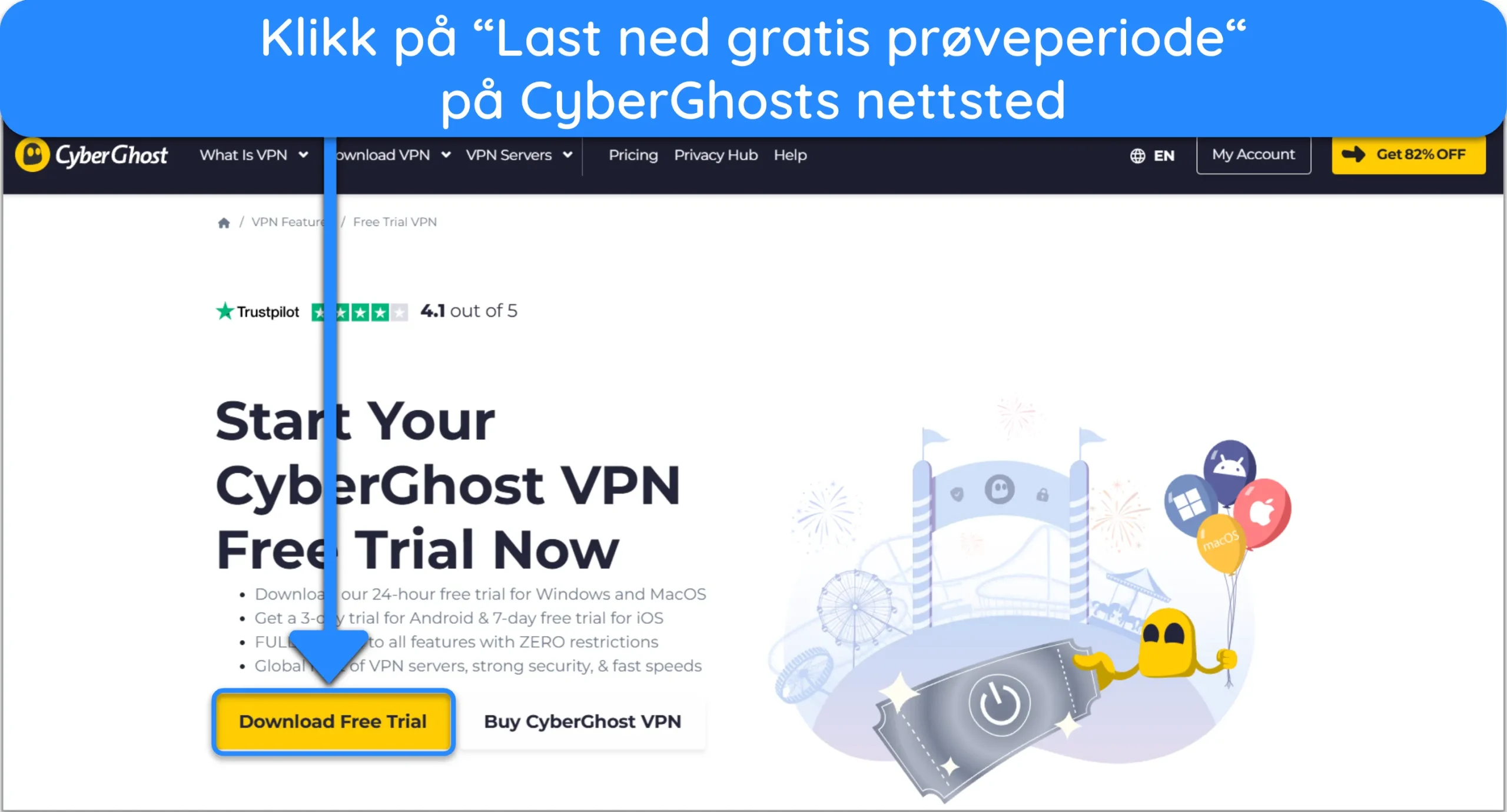 Skjermbilde som viser hvordan du f&aring;r CyberGhosts gratis pr&oslash;veversjon fra den offisielle nettsiden.