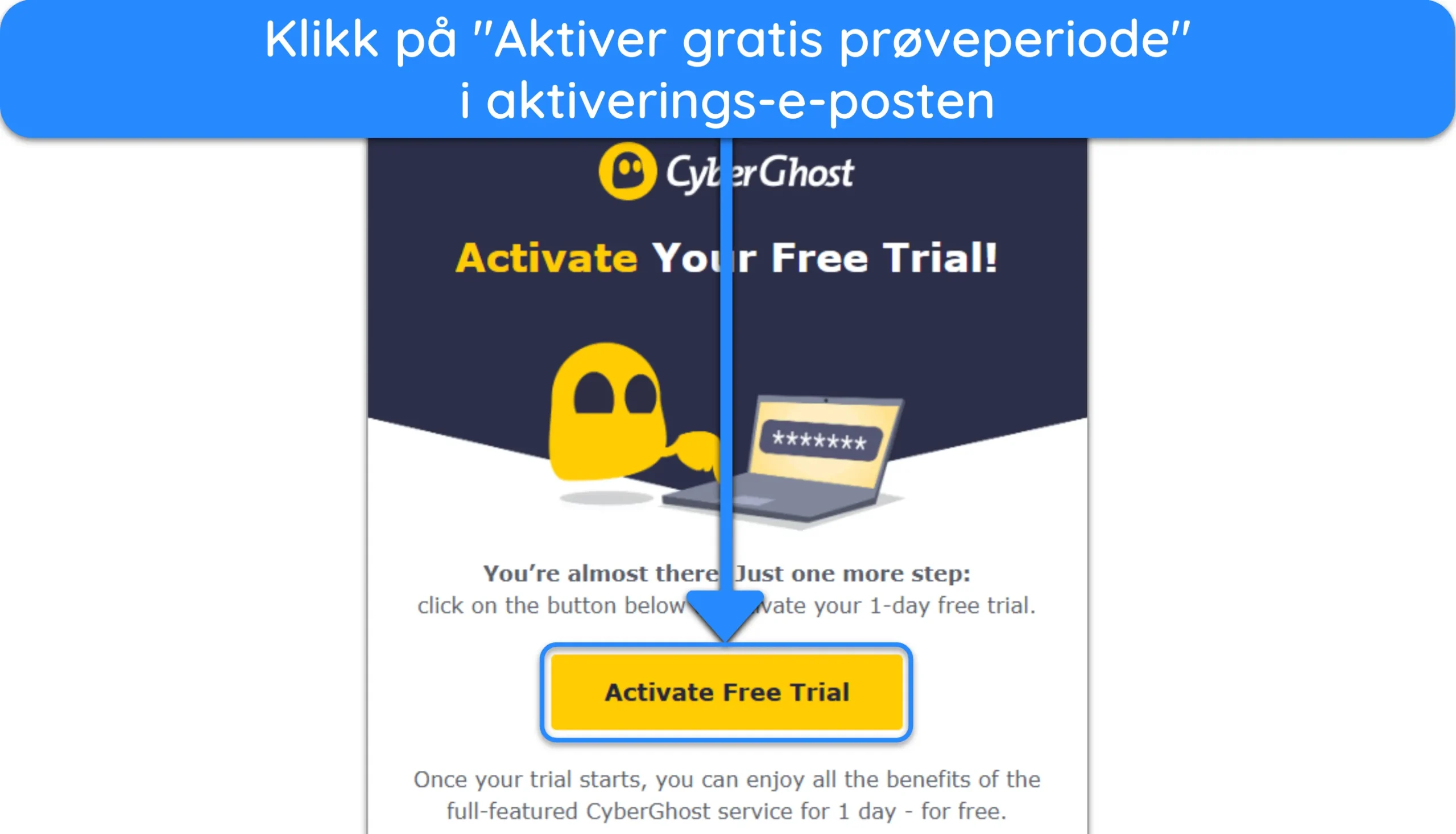 Skjermbilde som viser hvordan du aktiverer den gratis pr&oslash;veversjonen etter at du har registrert deg for CyberGhost.