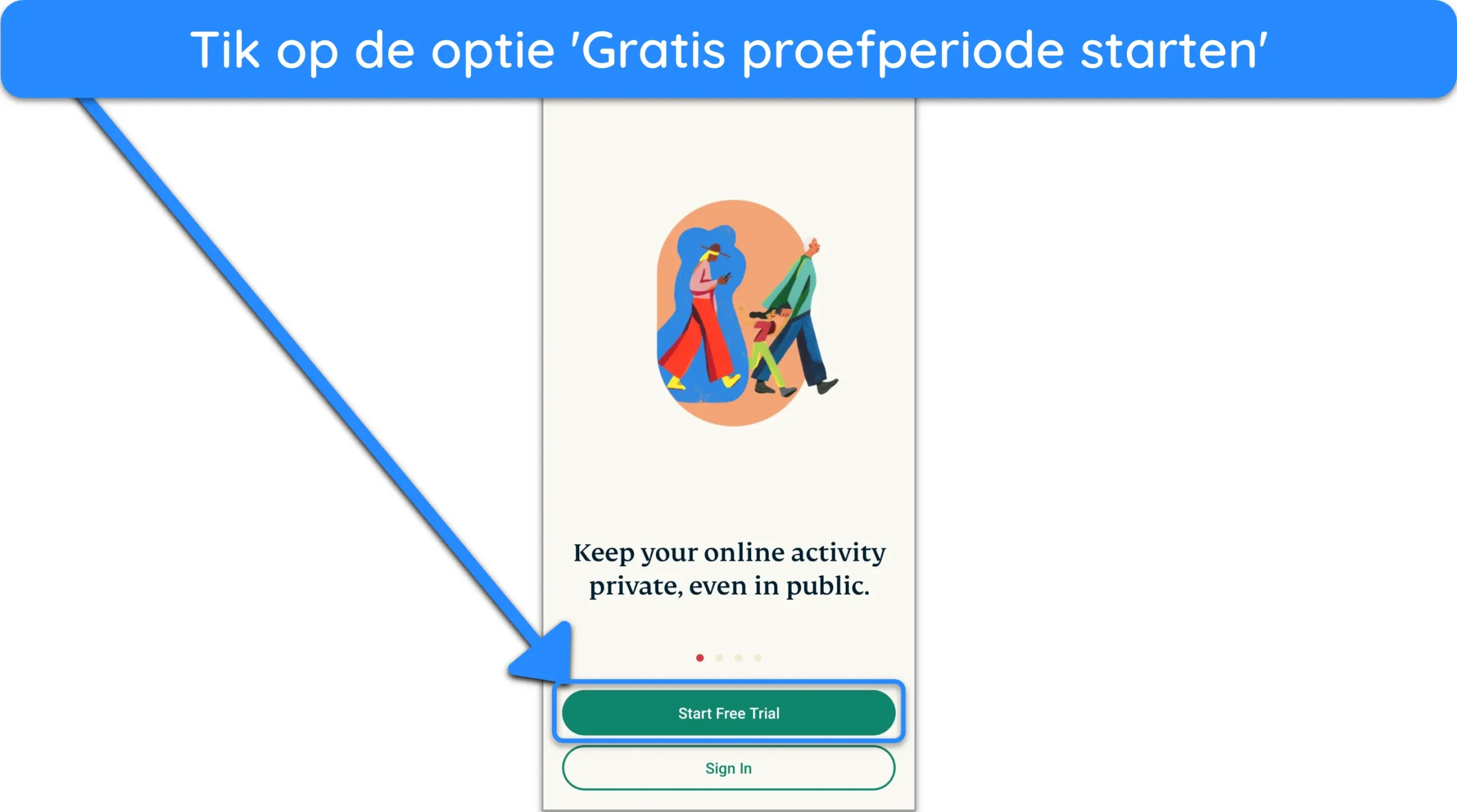 Screenshot van hoe je de gratis proefperiode kunt aanvragen via de Android-app van ExpressVPN.