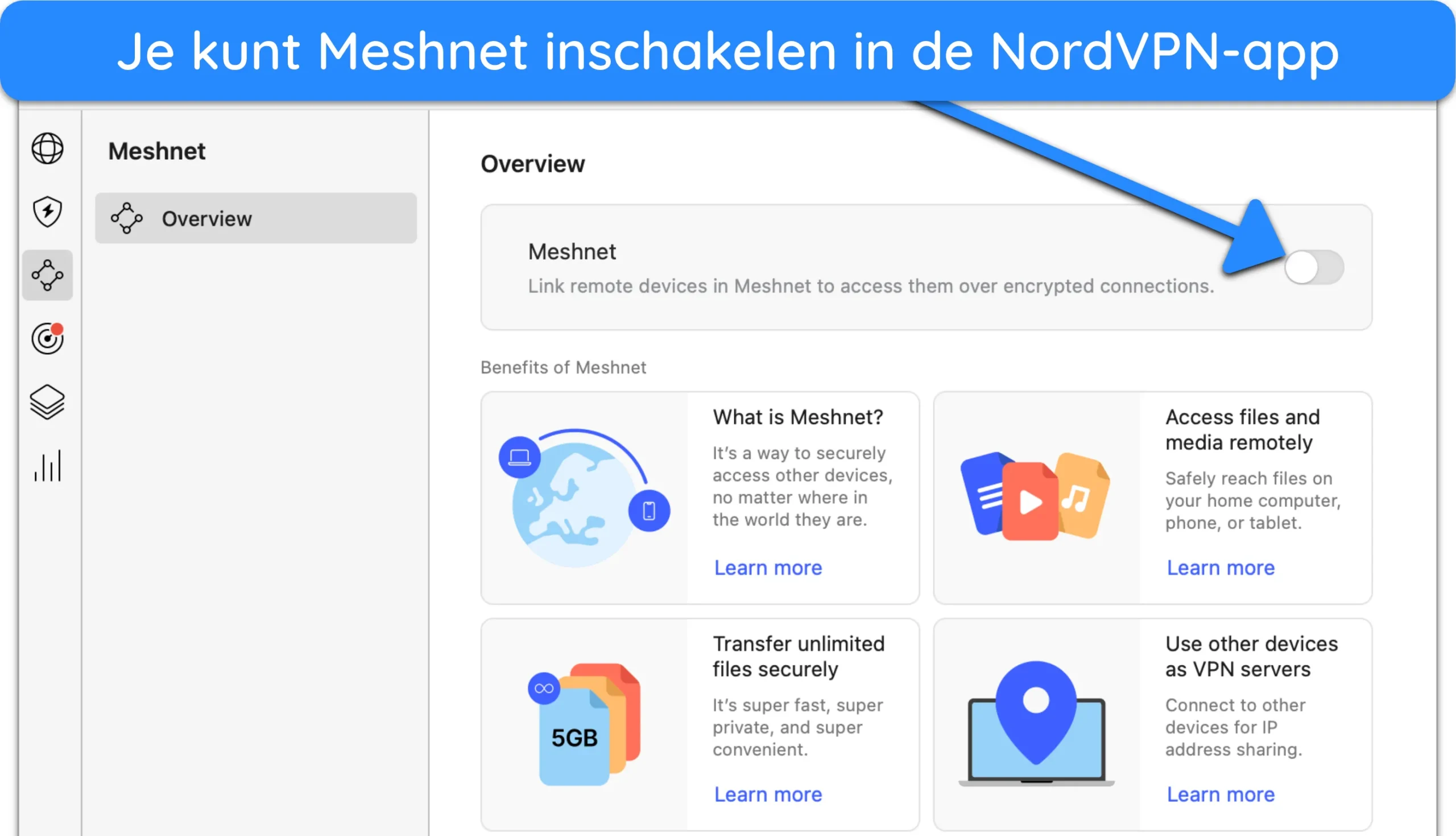 Schermafbeelding van hoe je Meshnet inschakelt in de NordVPN Mac-app.