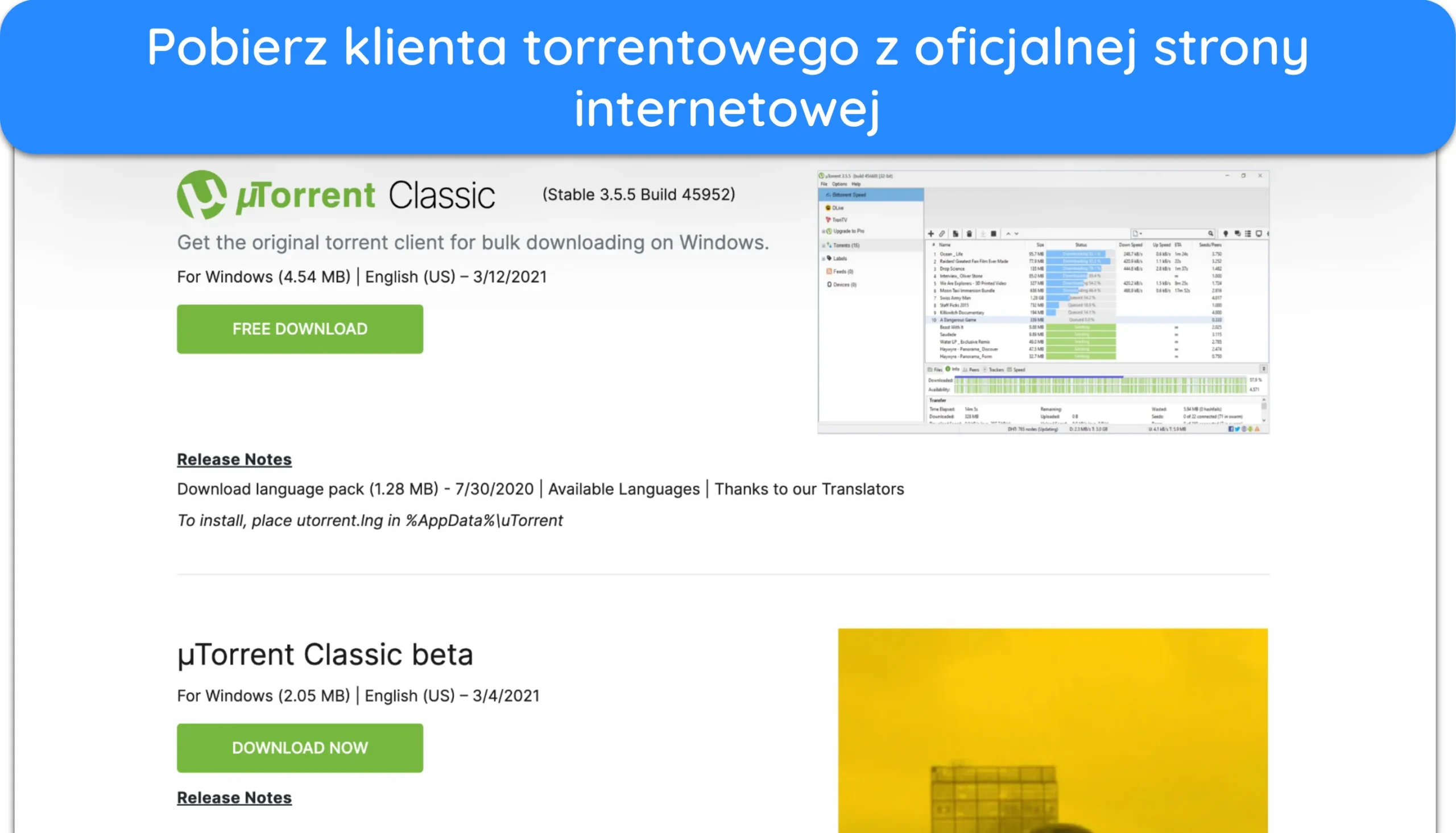 Zrzut ekranu pokazujący, jak pobrać uTorrent z oficjalnej strony.