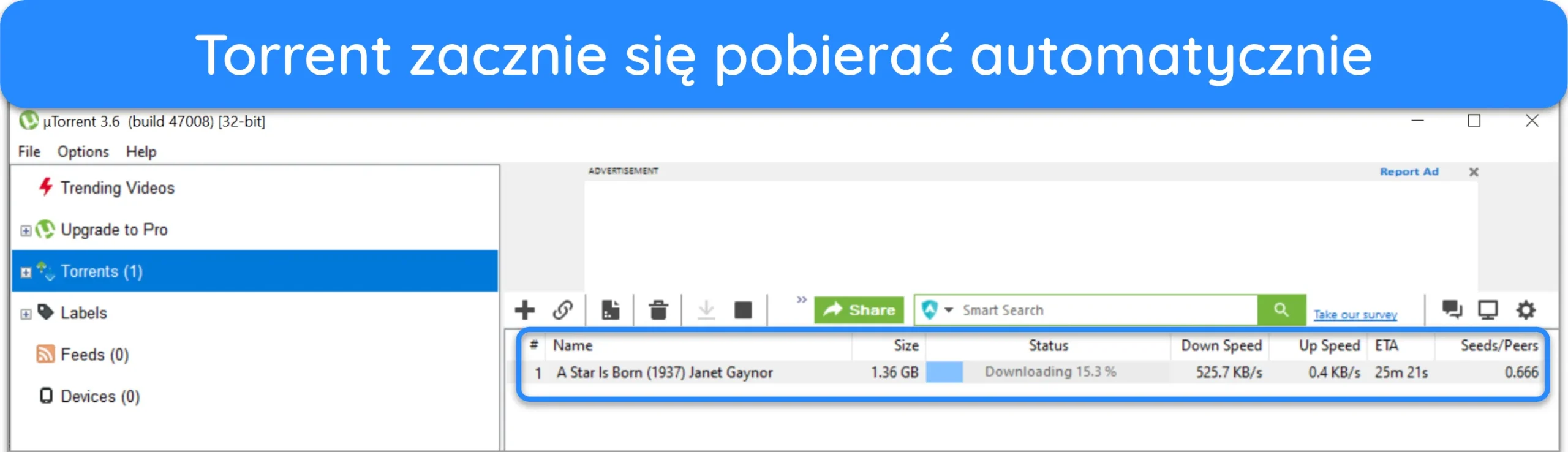 Zrzut ekranu pliku torrent pobieranego w uTorrent.