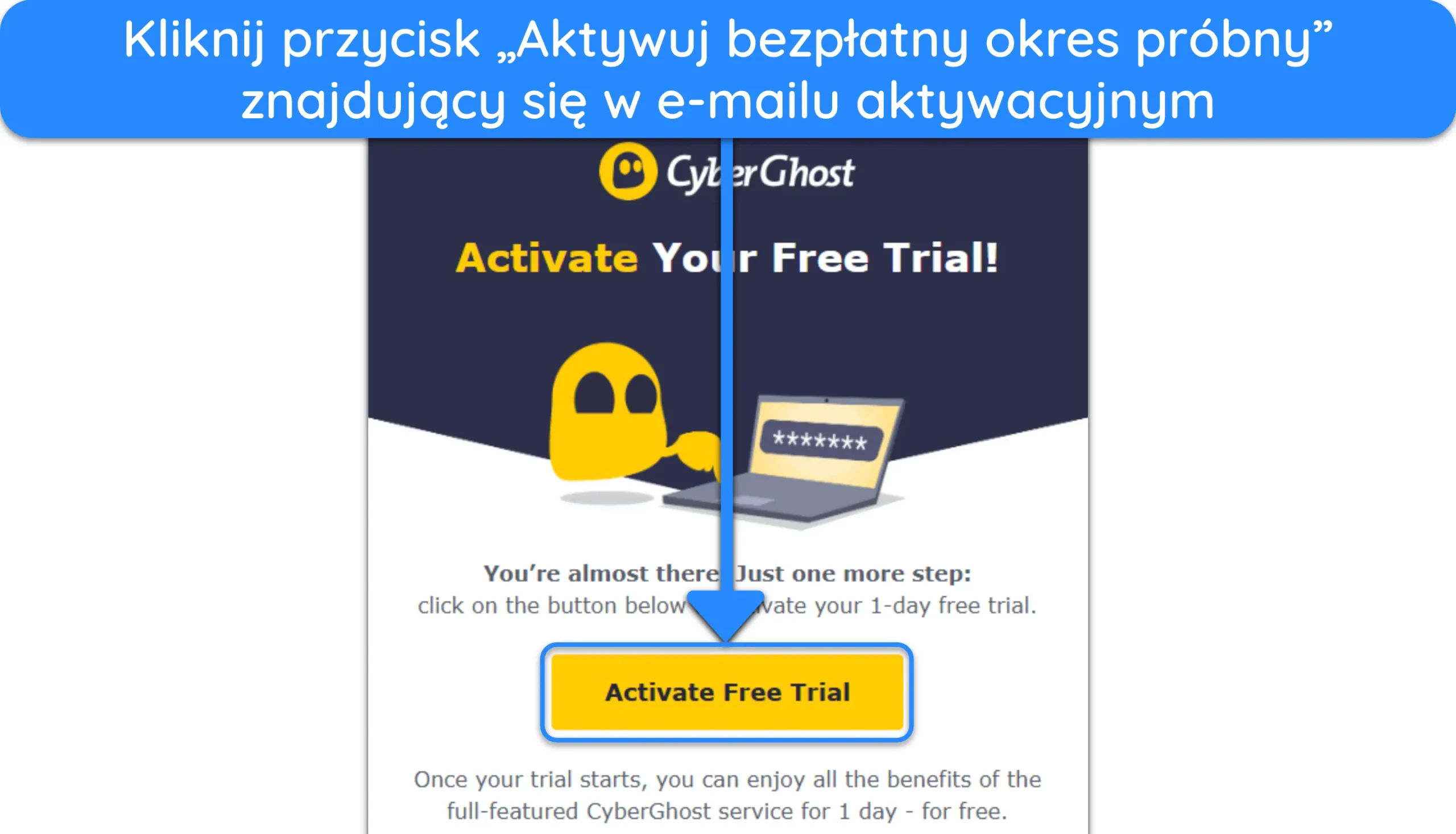 Zrzut ekranu pokazujący, jak aktywować bezpłatną wersję próbną po zarejestrowaniu się w CyberGhost.